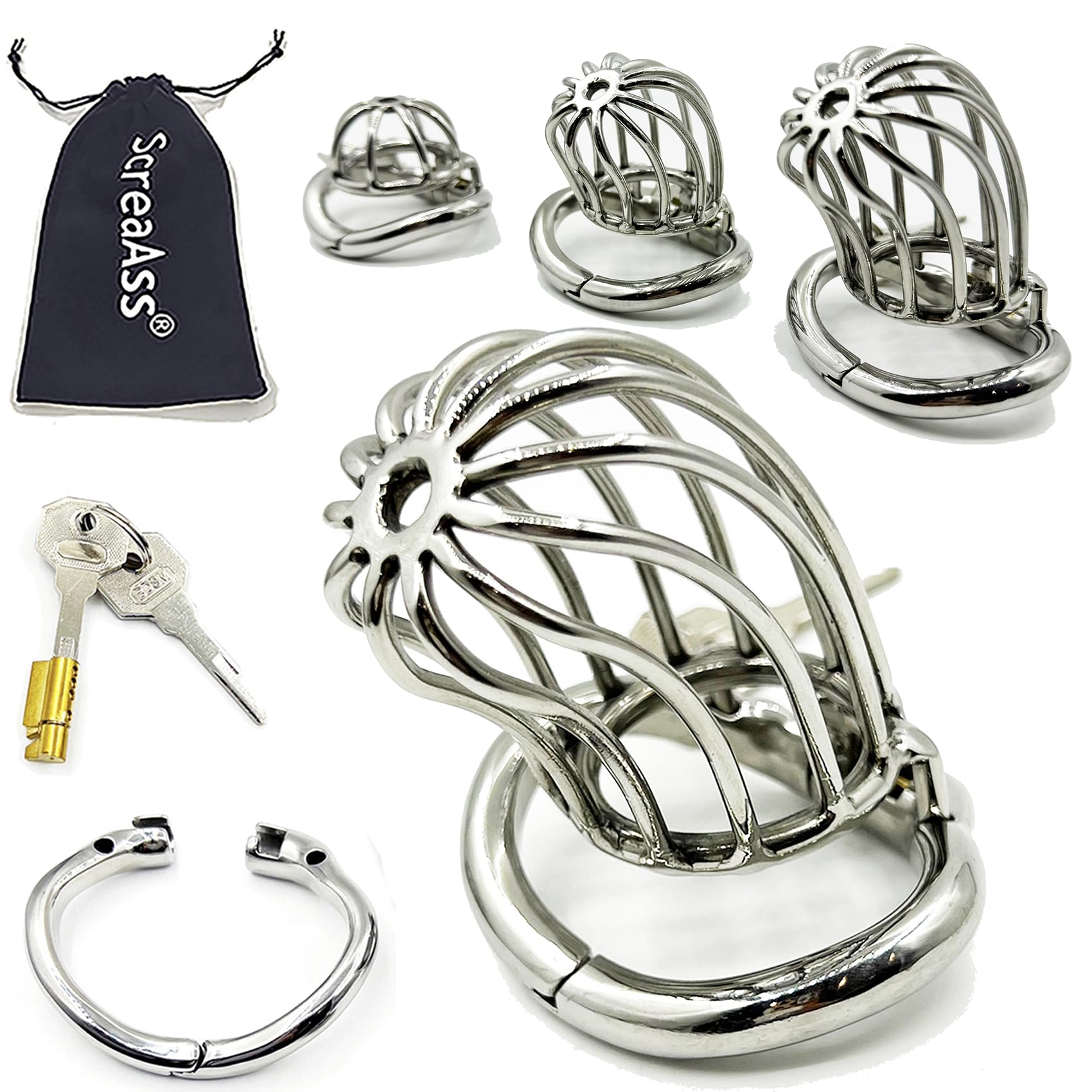 3 Größen Belüfteter Edelstahl Peniskäfig Keuschheitsgürtel Herren Mit 3.0 Verstellbarer Cockringe S/M/L Male Chastity Cage Keuschheitskäfig Cock Cage SM Sexspielzeug Für Männer,Silver/l,51mm