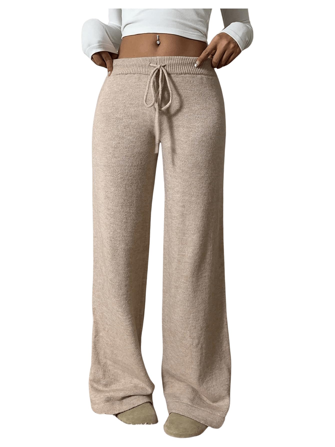 Verdusa Womens Straight Leg Pants Drawstring Waist Knitted Extra Long Trousers Fall Outfit