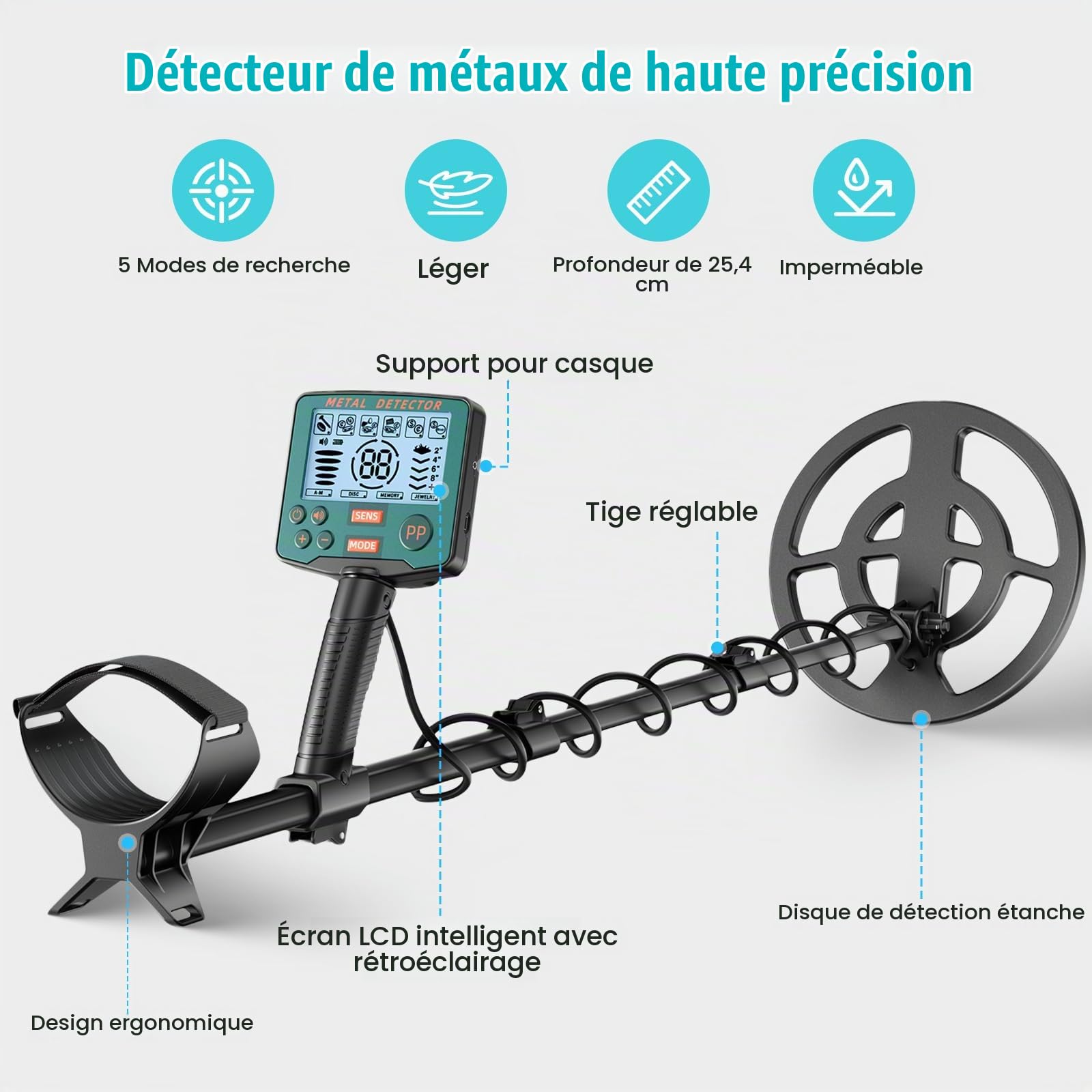 Détecteur de Métaux Professionnel, 5 Modes Léger pour Adultes et Enfants avec Fonction Pinpoint, Mémoire, Bobine Étanche, Haute Précision, Kit Complet avec Pelle