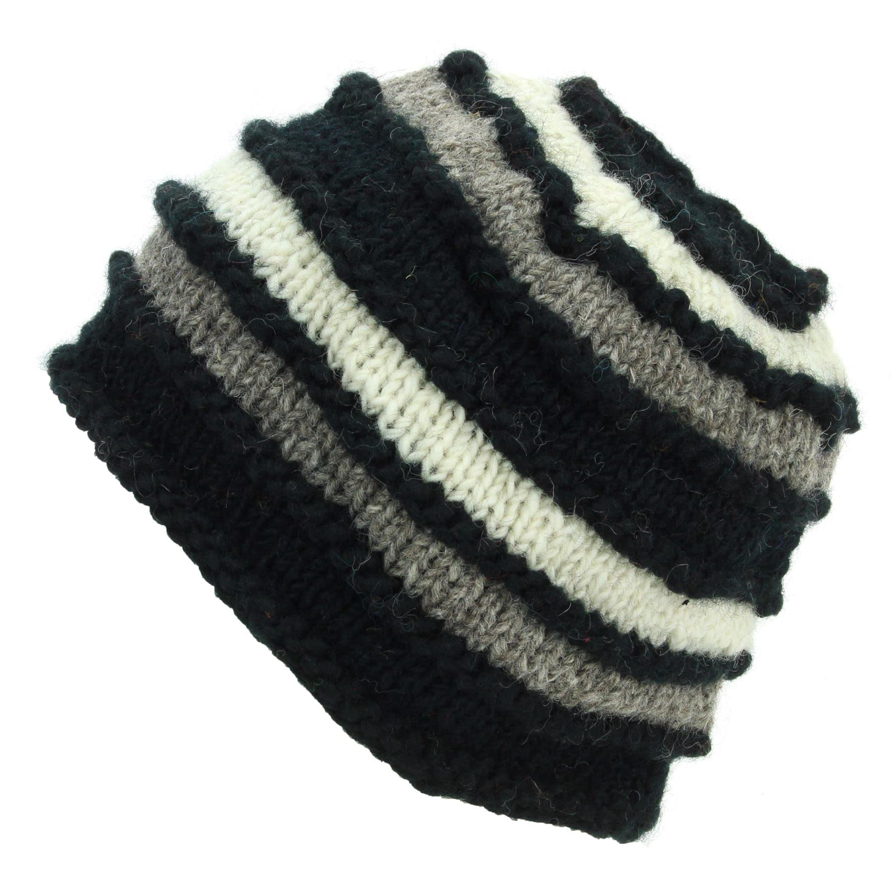 LOUDelephant Hand Knitted Wool Beanie Hat - Stripe Black Cream