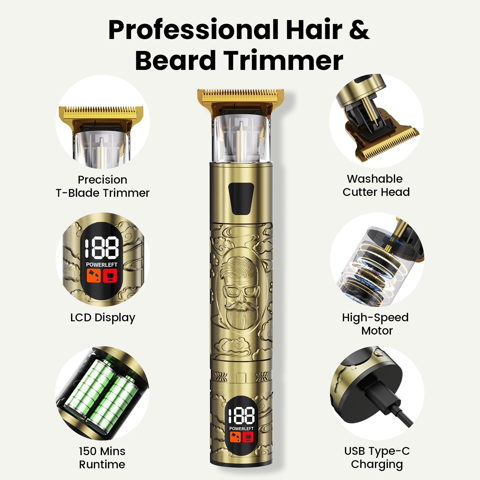 Yineel HC100 Tondeuse Barbe Homme, Tondeuse Cheveux Hommes, Rasoir Electriques Hommes, Charge Rapide Type-C, Précision Zéro avec Lame en T et Écran LCD, Cadeau Homme (Or)