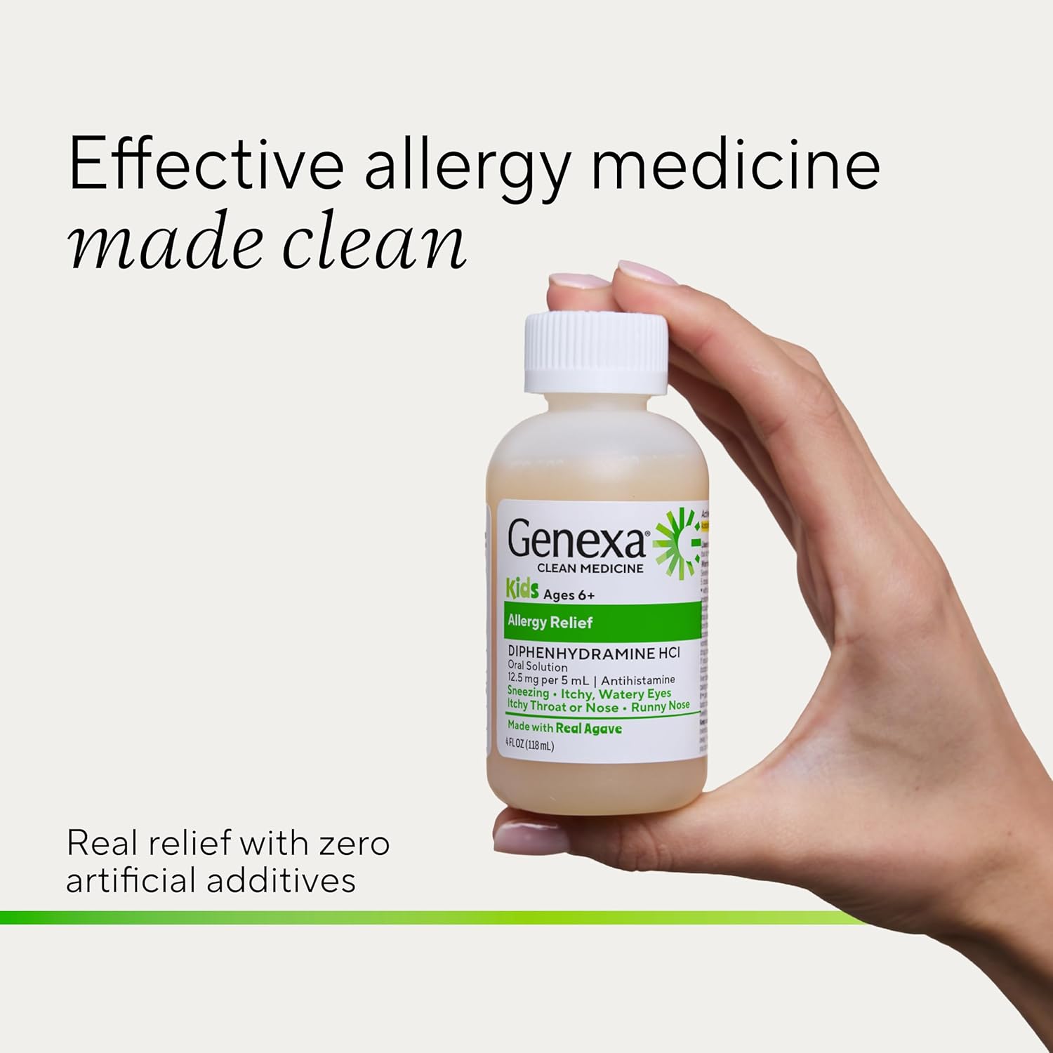Genexa Kids Allergy Medicine | Clean Allergy Relief for Children | Diphenhydramine 4 fl oz | Treats Runny Nose, Sneezing & Itching | Vegan & Non-GMO | Organic Agave Syrup Flavor | Ages 6+