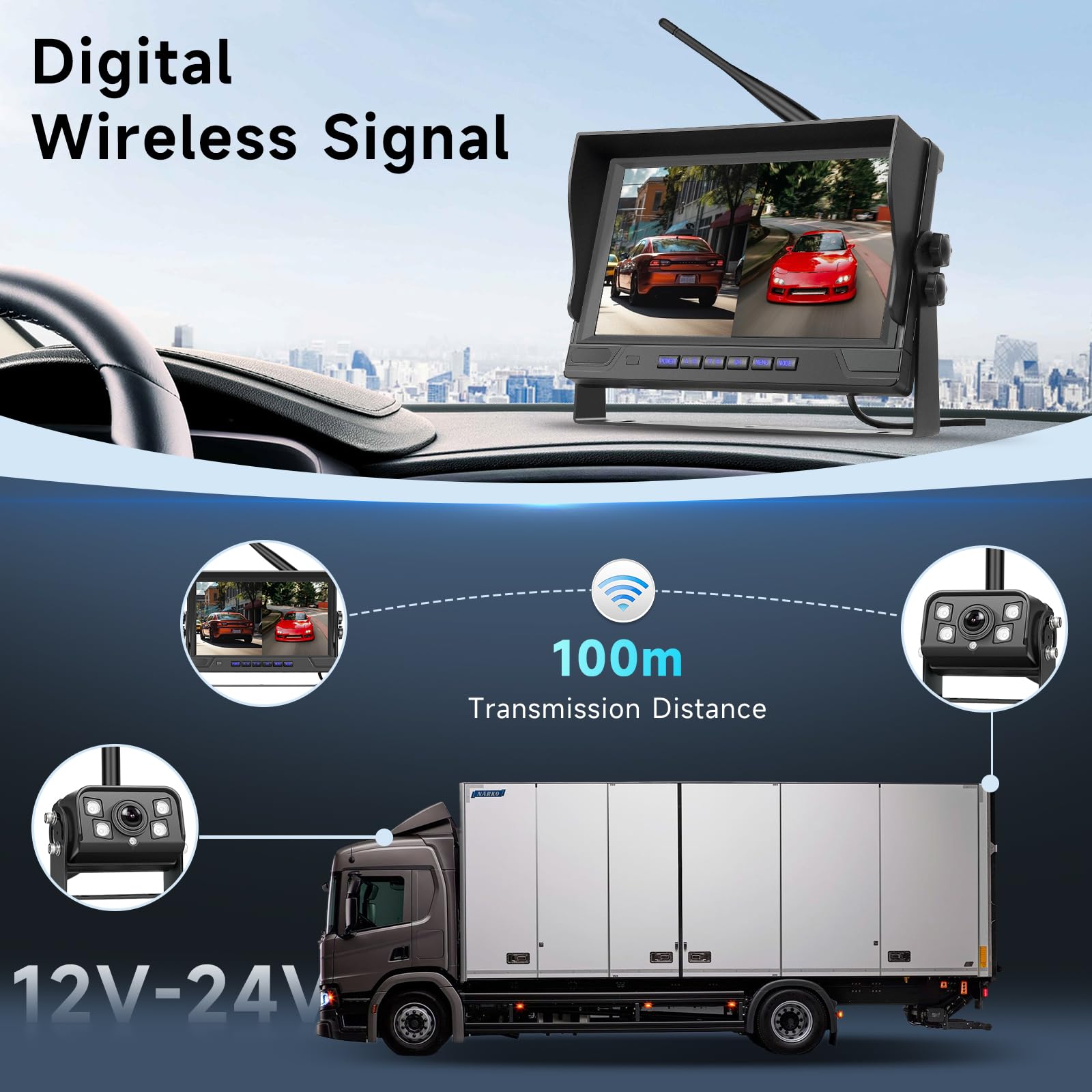 Hodozzy 9 Zoll IPS Monitor Digitales Kabellos Rückfahrkamera Set, mit Toter-Winkel-Warnung, Wasserdicht Rückfahrkameras Funk 2 Kameras Aufzeichnung, Nachtsicht, LKW/Anhänger/PKW/Wohnmobil 12V 24V