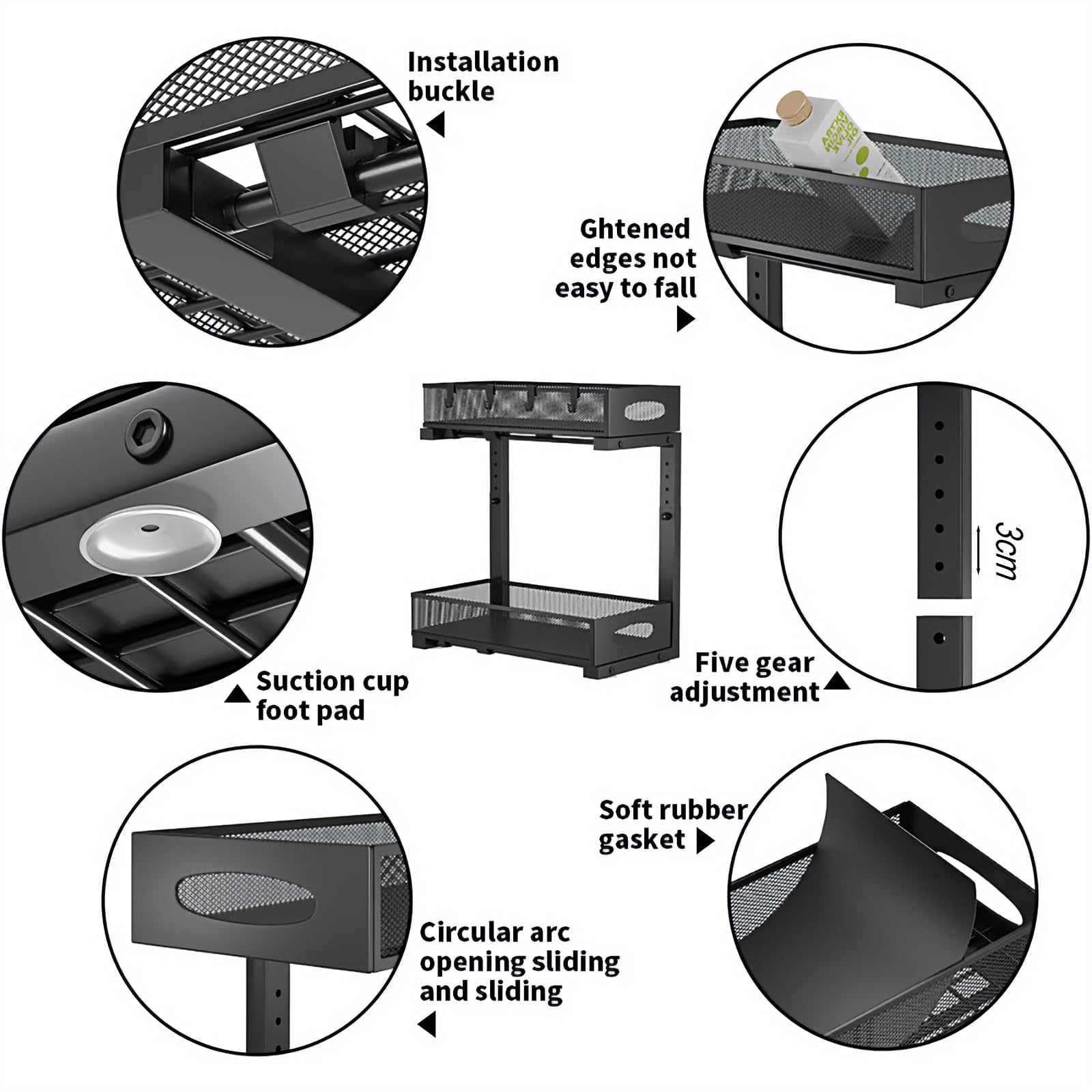 Rangement Sous Evier En métal, Organisateur Évier à 2 Étages avec Tiroir Coulissant pour Cuisine, Salle de Bain, Réglable en hauteur- Noir. (1 Pièce)