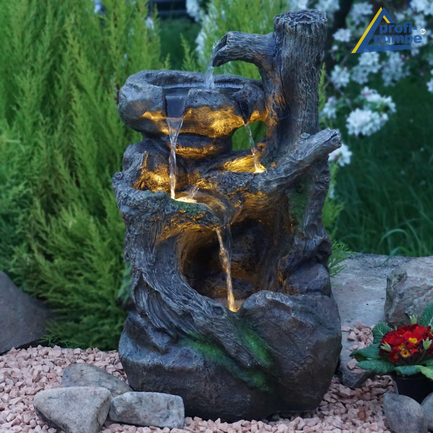 Fontana da giardino, fontana ornamentale, fontana da interno, fontana 230V cascata gioco d'acqua per giardino, laghetto da giardino, terrazza molto decorativo (BAUMWURZEL§STEIN-KASKADE con luce LED)
