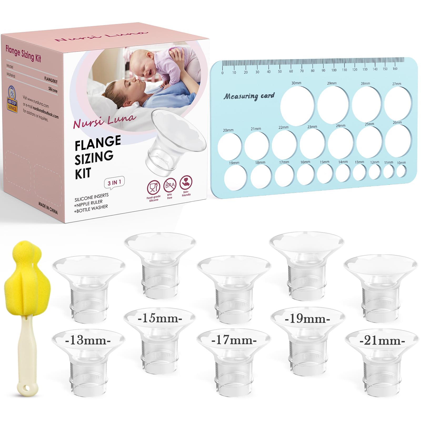 10 PCS Inserts De Bride 13/15/17/19/21mm, Accessoires D'allaitement Compatibles Avec La Plupart Des Pompes à Lait Électriques Et Manuelles, Avec Brosse De Nettoyage Et Carte De Mesure Pour Mamelons