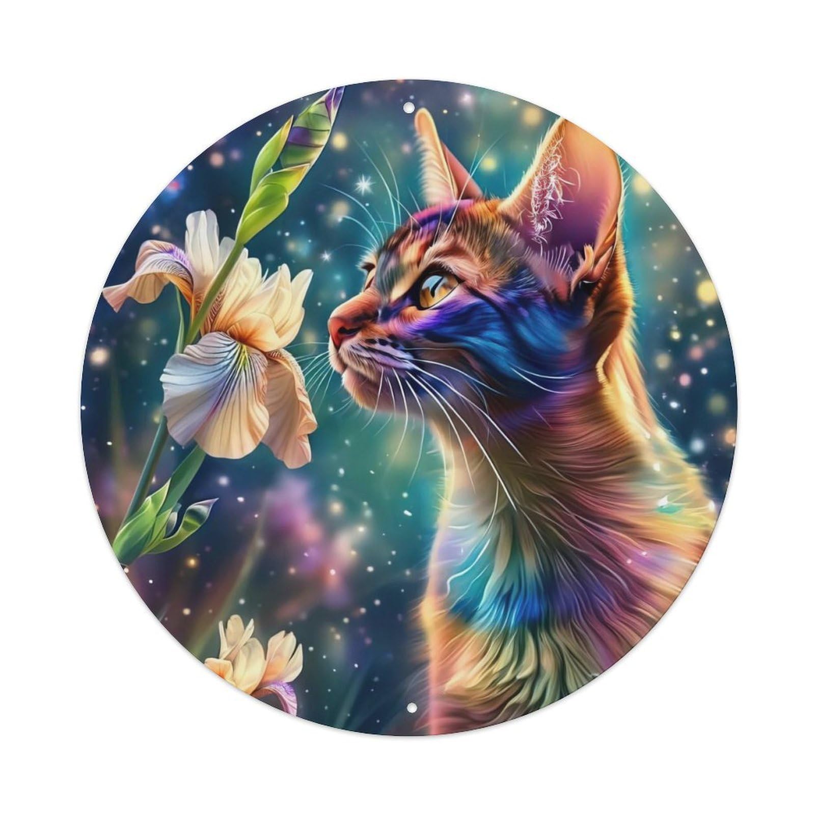 Animal Fantasy Cat with Iris Flowers Magical Galaxy Cosmic Theme Vintage Metal Tin Sign Plaque Wall Decor for Cafe, Club Bar, Office, Garden Metal Poster 8x8Inch