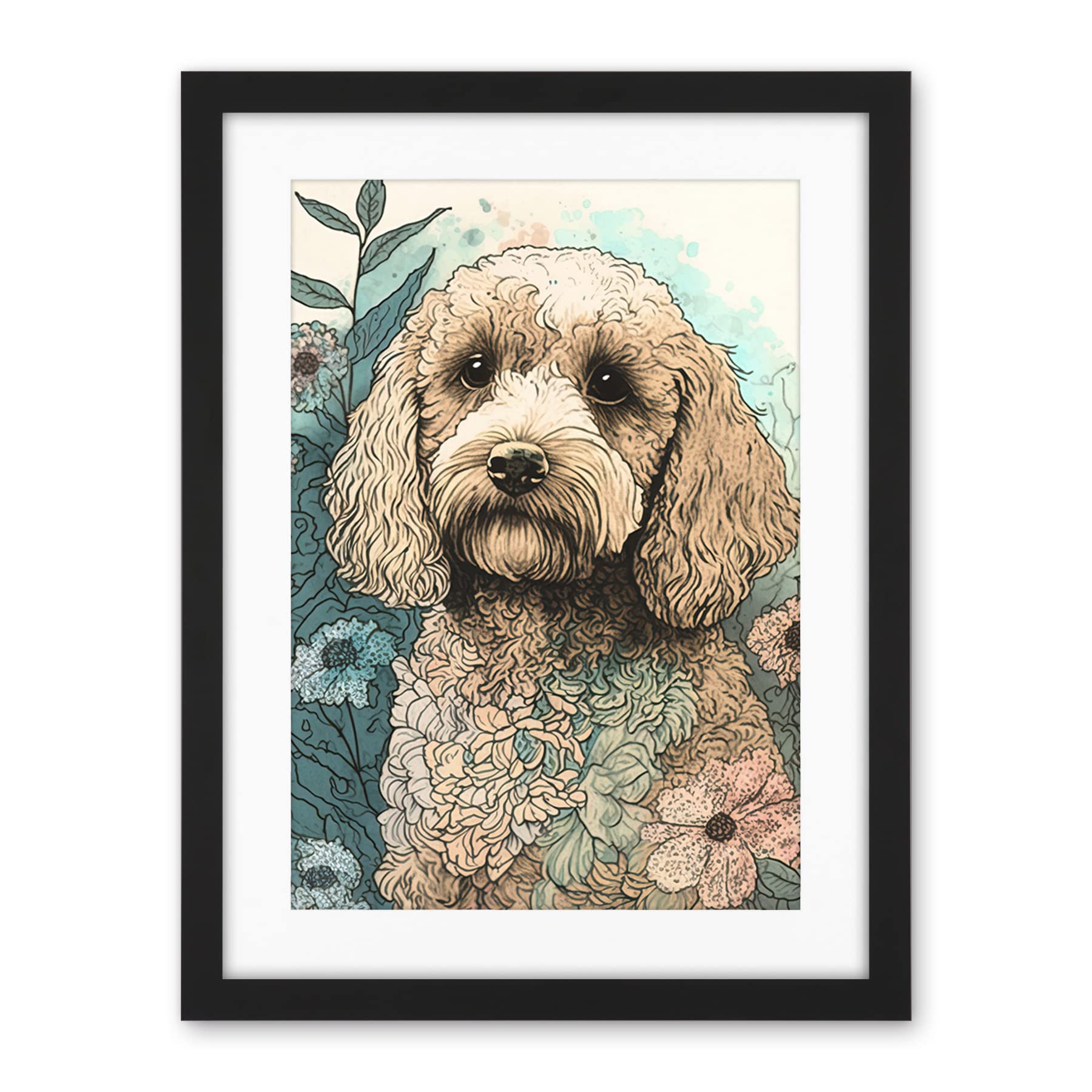 Artery8 Cockapoo Dog in Wildflower Field Pastel Watercolour Illustration Artwork Framed Wall Art Print 18X24 Inch