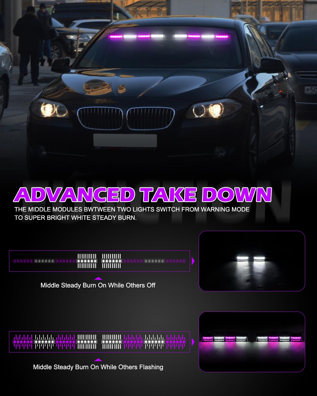 HLauto 604N - Luces estroboscópicas de emergencia para salpicadero con driver: 2 x 16.8 pulgadas, luz de seguridad blanca morada con despegar, 48 LED de seguridad intermitente, peligro, barra de luz