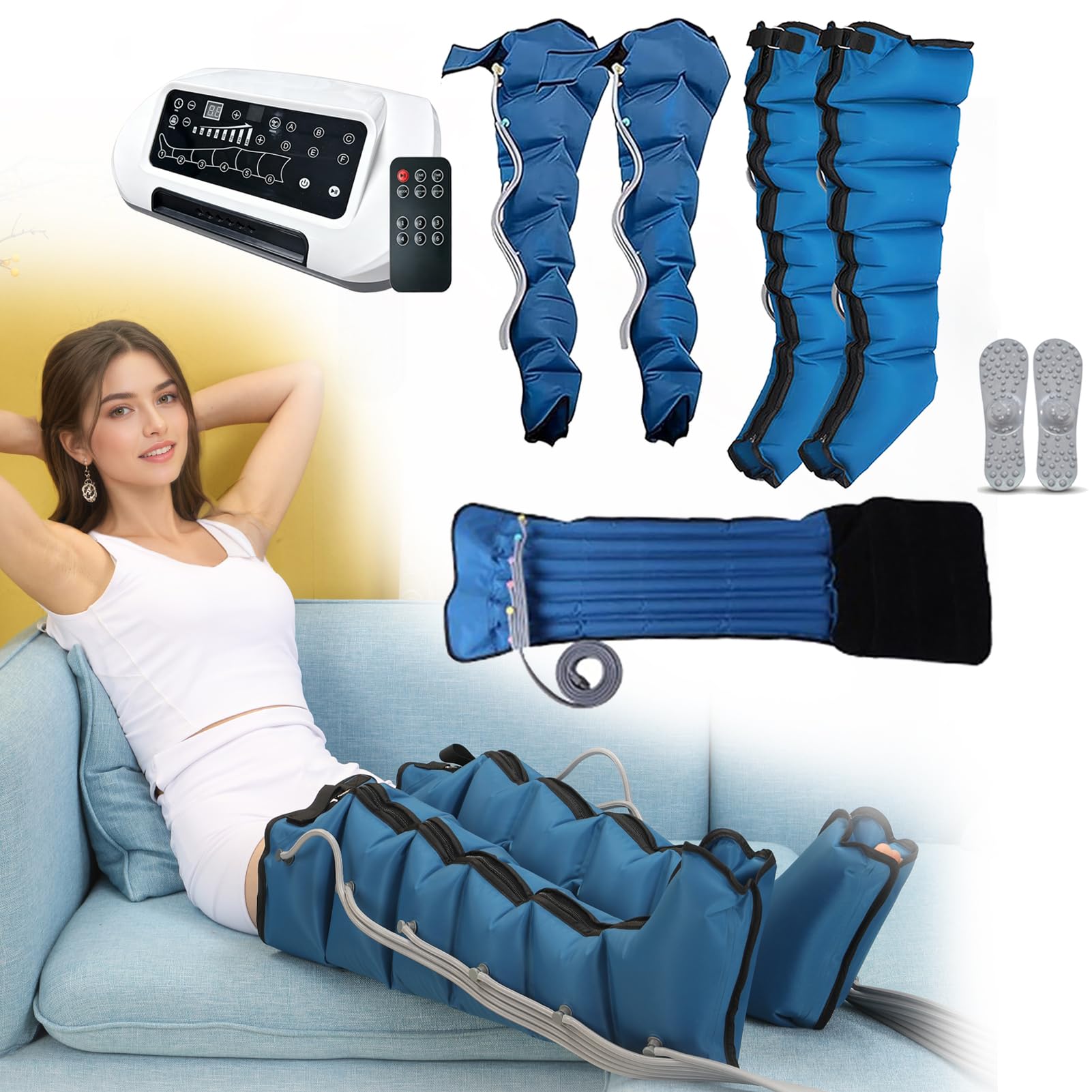 Vanenferse Blue 6 Cavity Pressotherapy Boots Leg Foot Massager, Electric Air Compression Massager Machine, Pressotherapy And Lymphatic Drainage, For Pain And Circulation, 6 Modes