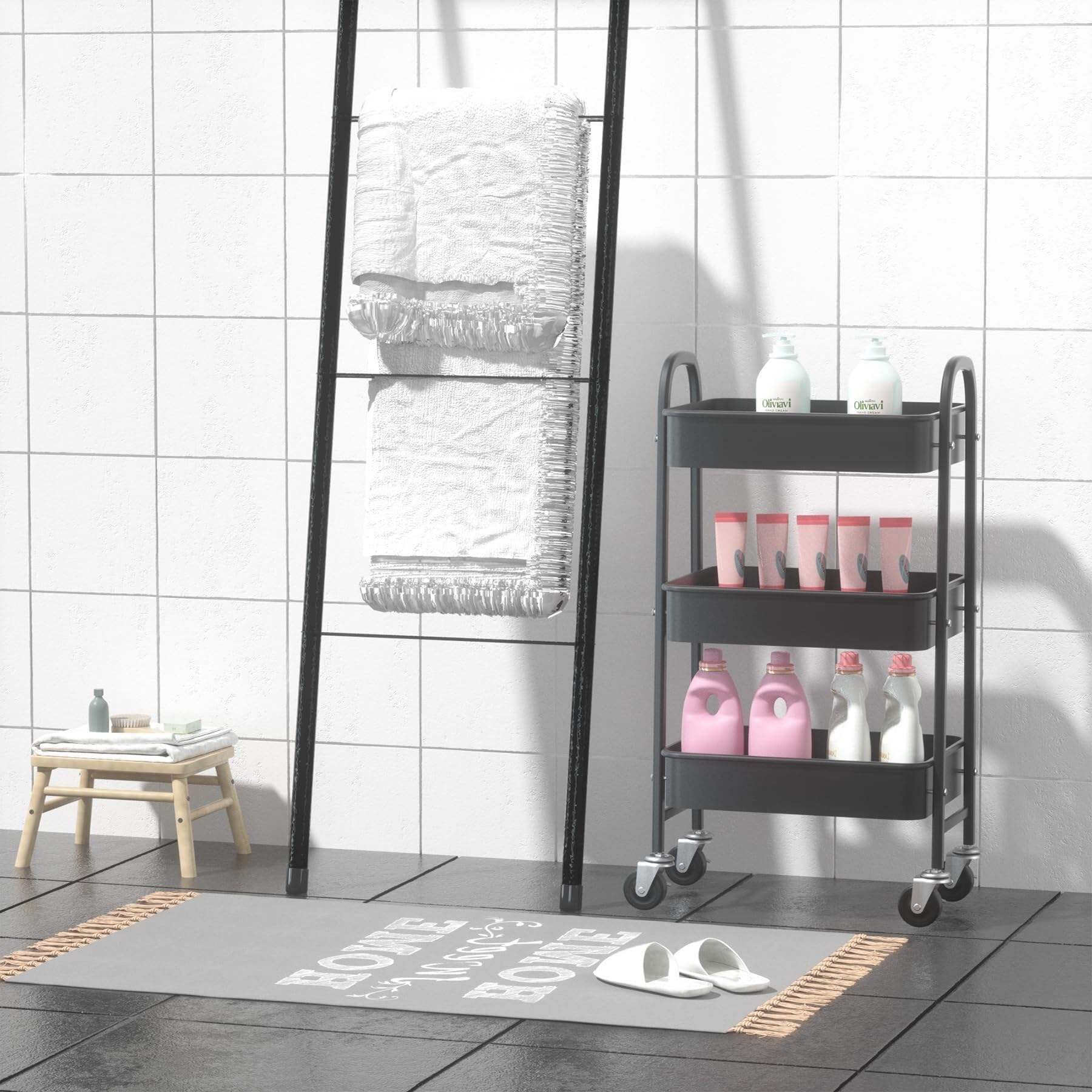Carrito rodante de metal de 3 niveles con ruedas – Carro Sto que ahorra espacio para cocina, baño, oficina y maquillaje – Carrito de peluquería (negro)