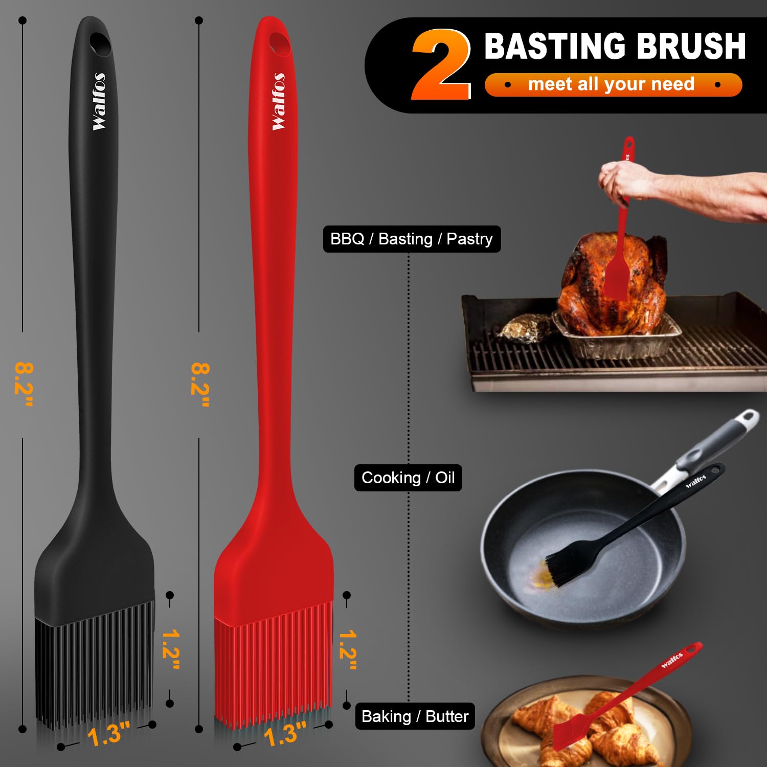 Alljewelrysupplies Silicone Basting Brush Set Of Two Heat Resistant Long Handle Pastry Brush For Grilling, Baking, BBQ And Cooking (Red