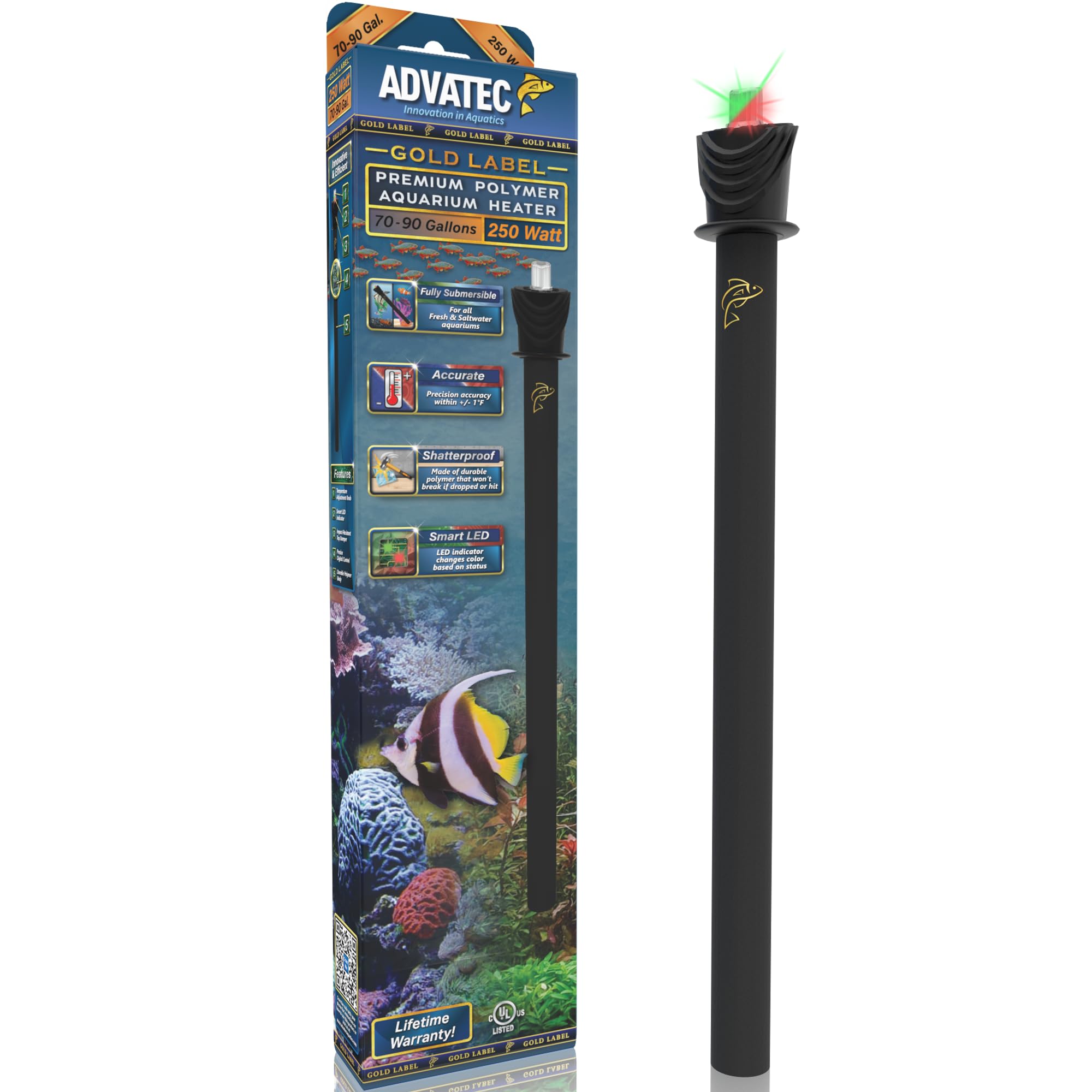Calentador de acuario de polímero de alta calidad, para acuarios de agua dulce y salada (250 vatios/70-90 galones)