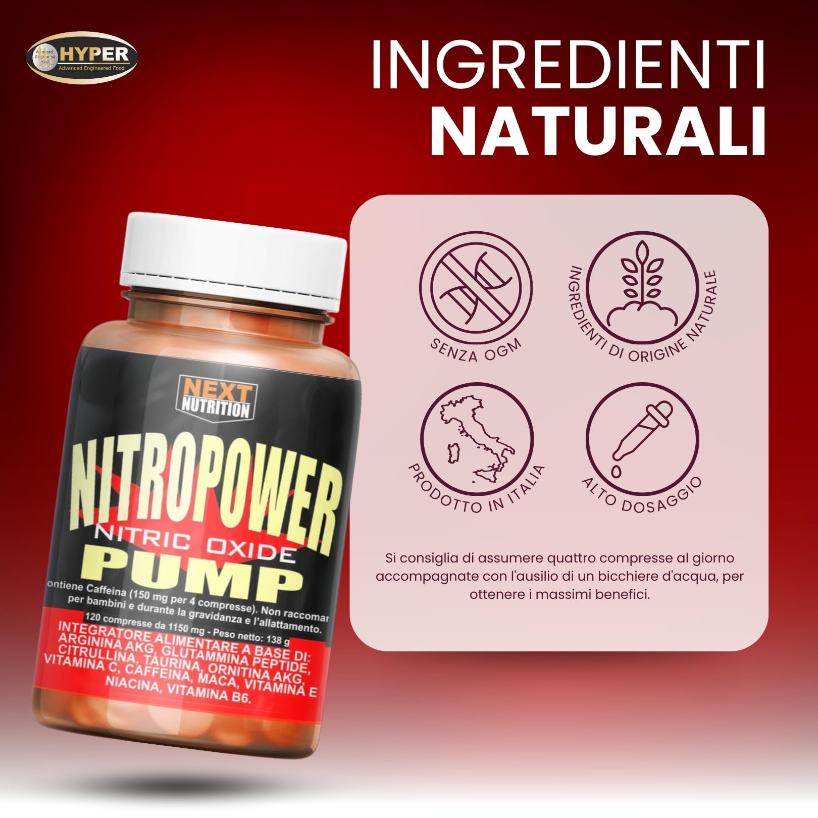 Hyper Nitro Power Pump 2 x 120 CPR - Pre Workout, Massa Muscolare - Stimola Ossido Nitrico con Vitamina C, Maca Peruviana, Vitamina E, Arginina, Citrullina, Glutammina, Acetil l Carnitina e Caffeina