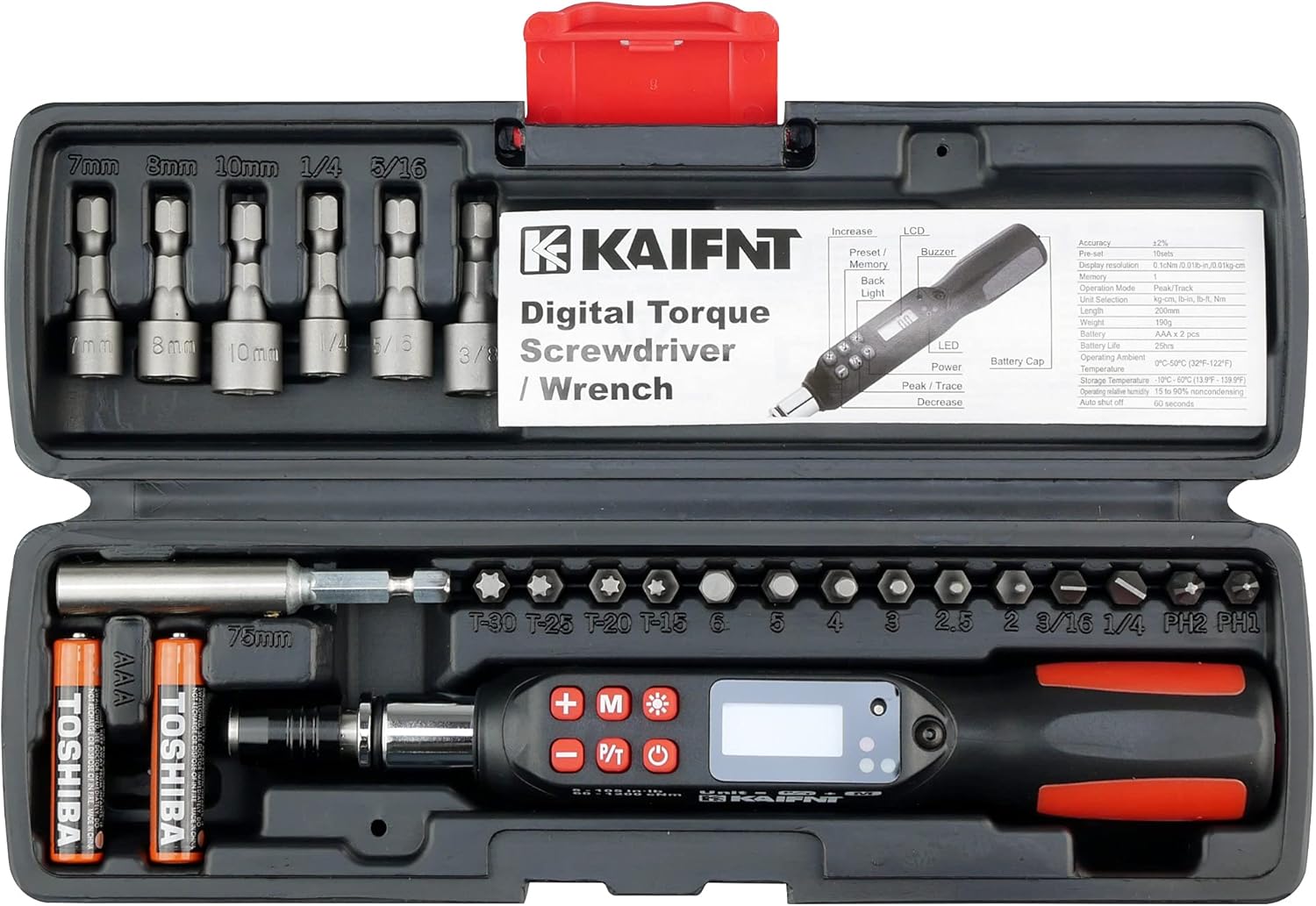 K551 Digital Torque Screwdriver/Wrench Set, 5 to 85 in·lbs, Buzzer/LED Flash Notification, Dual Direction