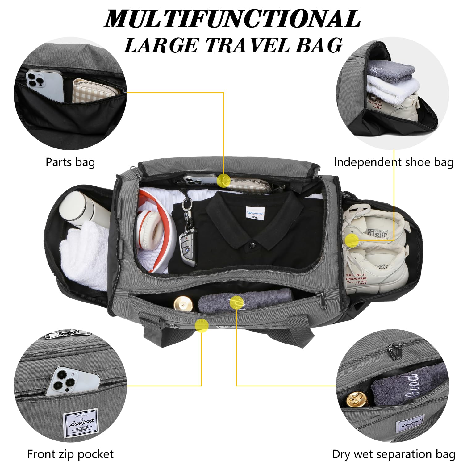 Laripwit Sports Gym Bag for Men 40L Travel Duffle Bag with Shoe Compartment & Wet Pocket - Image 3