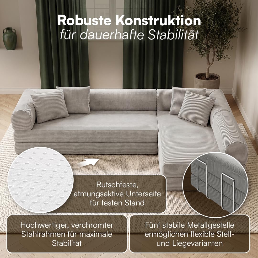 skølm Lofn Ecksofa 4 Sitzer – Wohnlandschaft L-Form Cord – Klappsofa 300cm breit Hellgrau – ausklappbar zum Schlafsofa/Bodensofa – Vollschaumcouch Boneless mit 4 Kissen & Stahlgestell vakuumverpackt