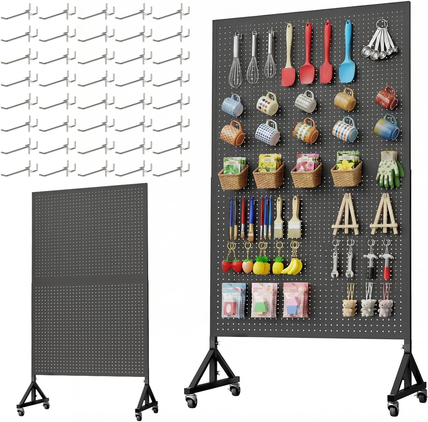 Metal Pegboard Display Stand 3.5 x 5.5 Feet, Adjustable Height with 40 Peg Board Hooks and Wheels, Pegboard Display Rack, Craft Display Rack, Retail Display Rack, Garage Peg Board