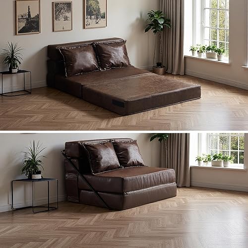 VINGLI Futon Sofa Bed, 5-in-1 Convertible Sleeper Sofa Chair RV Furniture Pull Out Floor Bed Couch for Small Spaces, Living Room, Bedroom with 2 Throw Pillows, Carry Bag