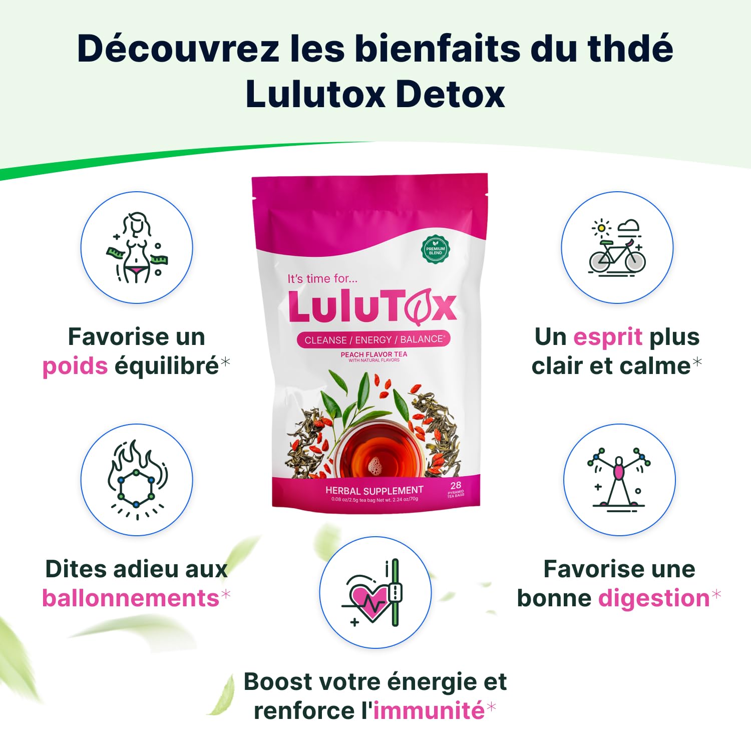 LULUTOX Thé Détox – Mélange de Plantes pour le Bien-être avec Pissenlit, Ginseng et Gingembre – Infusion pour Ballonnements, Ménopause, Gestion du Poids et Vitalité – 28 Sachets