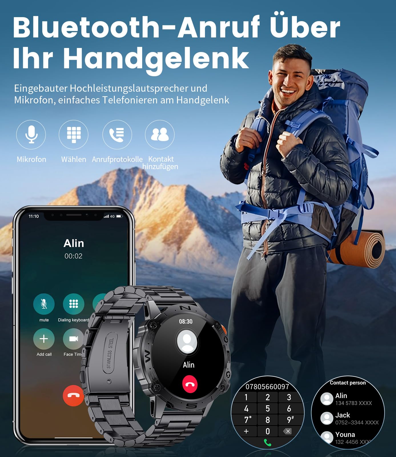 LIGE Smartwatch Herren mit Telefonfunktion für Android iOS 1.43'' Amoled HD Outdoor Sportuhr Smartwatch mit 110 Sportmodi,Pulsmesser/Schlafmonitor,IP68 Wasserdicht Schrittzähler,400mAh Batterie