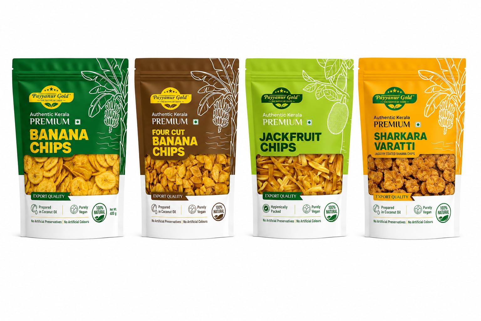 Payyanur Gold Kerala Chips Variety Pack 1200g (Four Cut Banana Chips 200g, Jackfruit Chips 400g, Banana Chips 400g, Sharkara Varatti 200g)-image-22