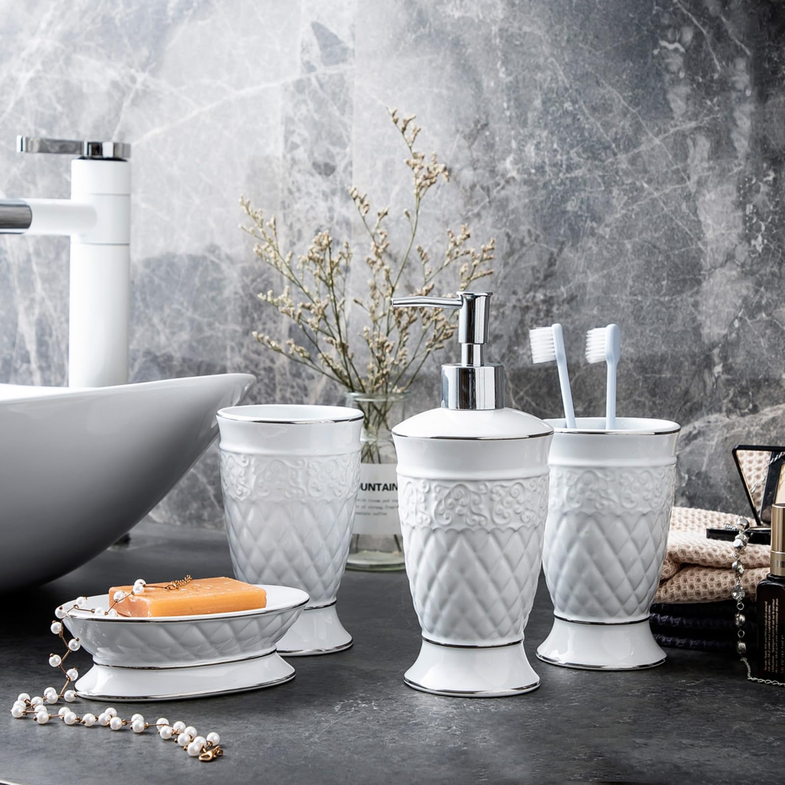 Juego Dispensador Jabón Baño,Accesorioscerámica, Accesorios Baño Modernos 4 Piezas, Dispensador, 2 Tazas Cepillo Dientes,para El Lavabo, Aspecto Mármol, Blanco,Blanco