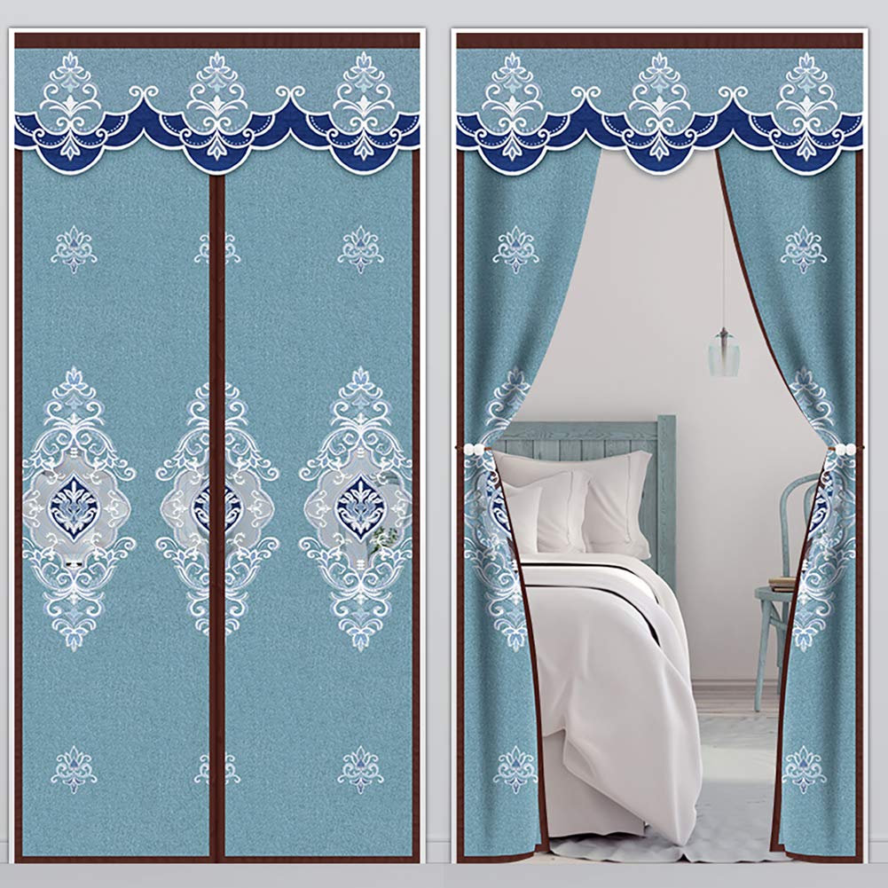Rideau Occultant pour Porte Avec Embrasses de Rideau Magnétique Thermique Isolation Porte Moustiquaire Rideau De Porte Isolant Coupe-vent Phonique 200x240cm Filet Creux Bleu