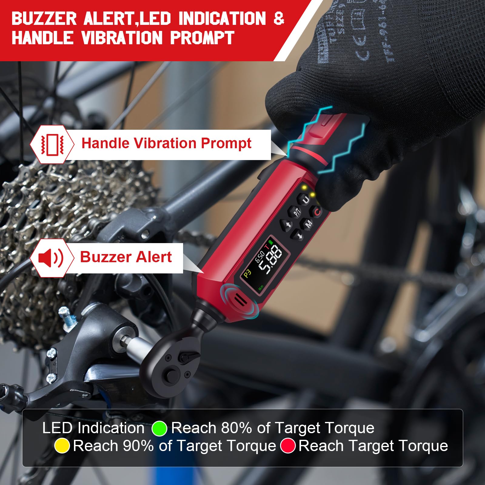 SUERCUP Llave dinamométrica digital de 3/8 pulgadas, 0,9-60 N.m, con vibración, zumbador, notificación LED y cinco unidades de medida, para bicicleta, bricolaje