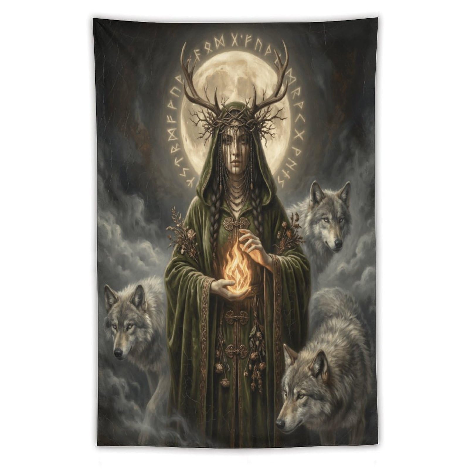 W7C8U2X3 Wolf Goddess Green Robe Wall Tapestry, Realistic Illustration, Bed
