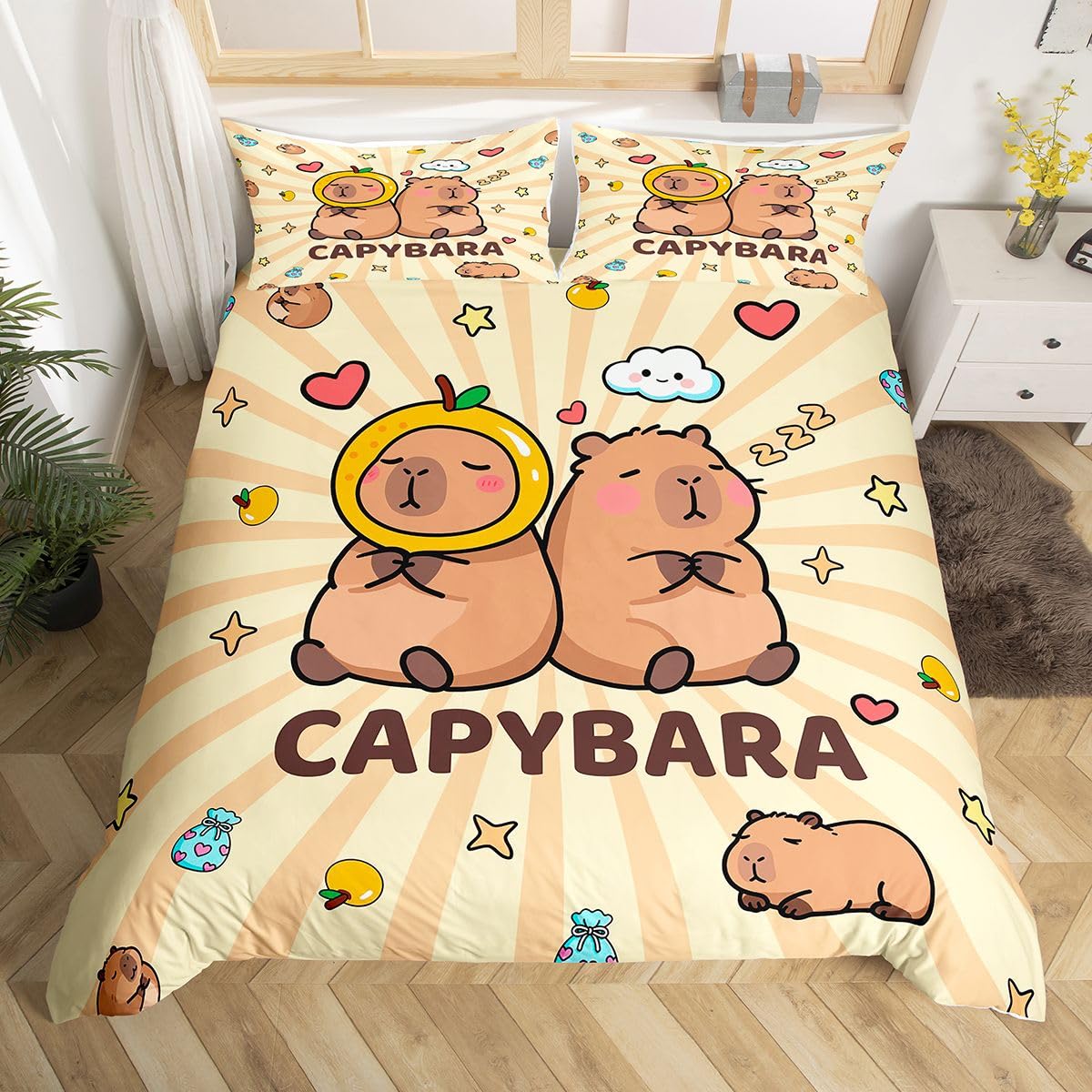 Homewish Kids Cartoon Capybara Duvet Cover Super King - Cute Brown Capybara Bedding Set for Boys Girls Bedroom Decor - Kawaii Animal Print Quilt Cover Beige Striped Bed Set with 2 Pillowcases