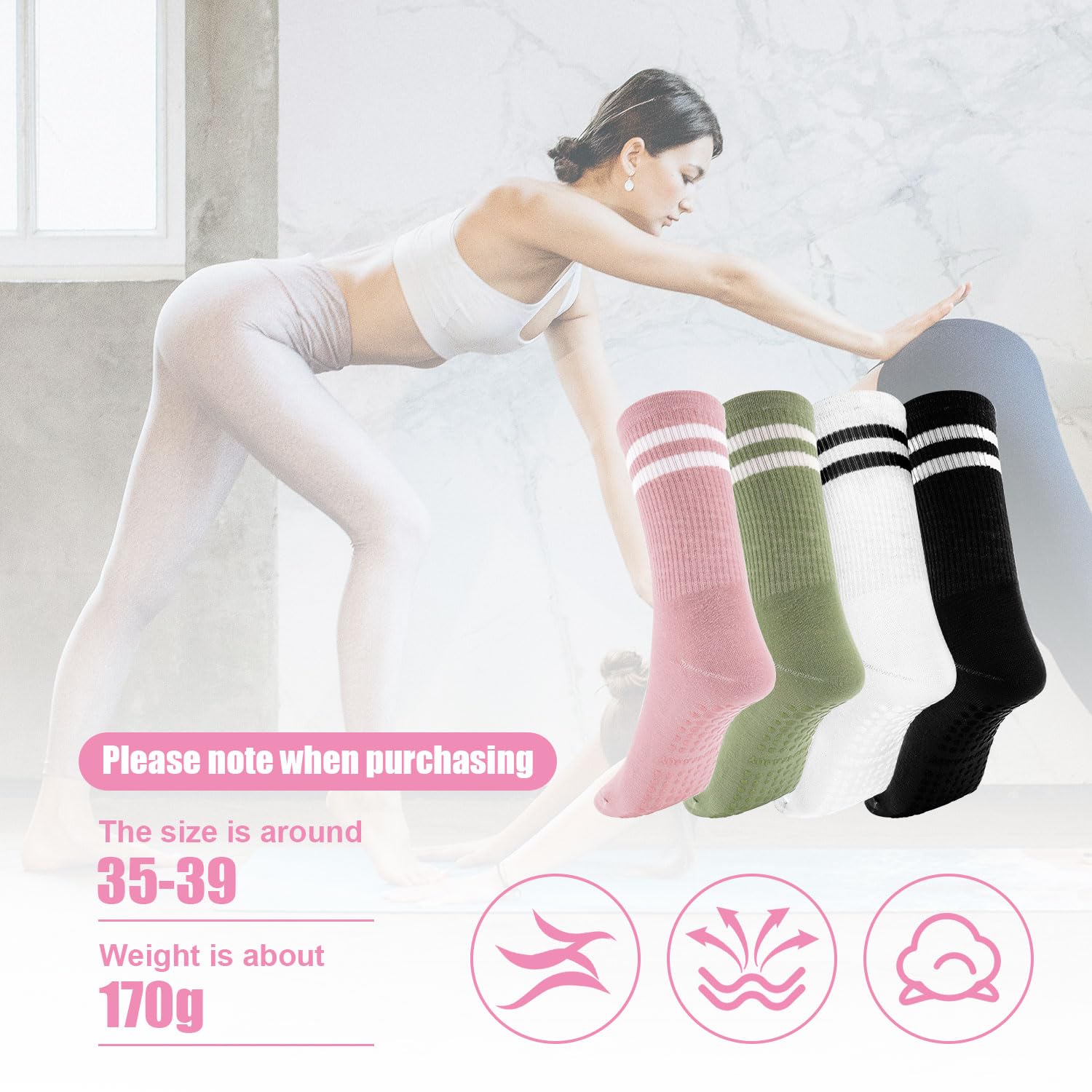 4 Pary Skarpetek Pilates, Skarpetki Pilates Grippy dla Kobiet Dlugie Antyposlizgowe Skarpetki do Jogi Skarpetki do Jogi z Uchwytami dla Kobiet Skarpetki do Jogi Skarpetki do Barre