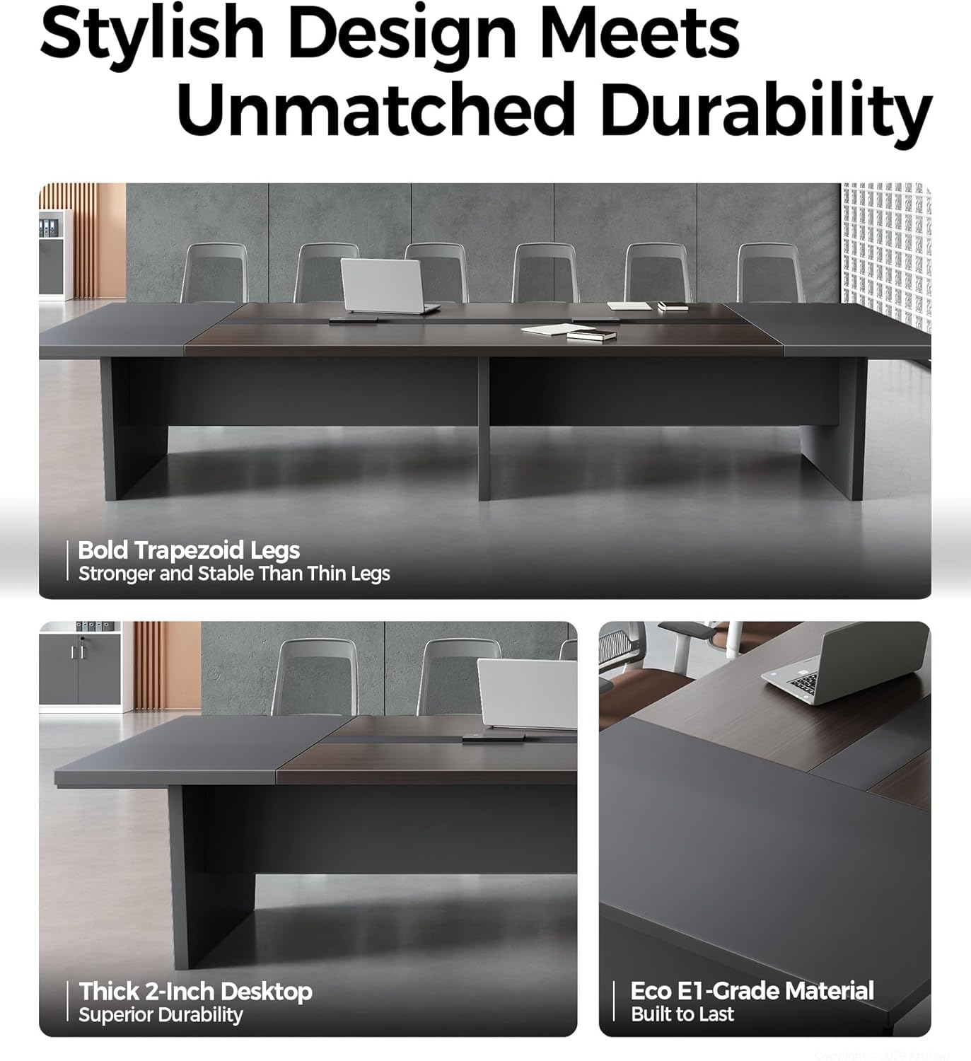 10FT Conference Table, Large Meeting Podcast Table for 10 People, Business Style Training Table with Charging Stations & 2" Thickened TableTop for Office Conference (Black & Gray, 118"L * 51"W * 30"H)