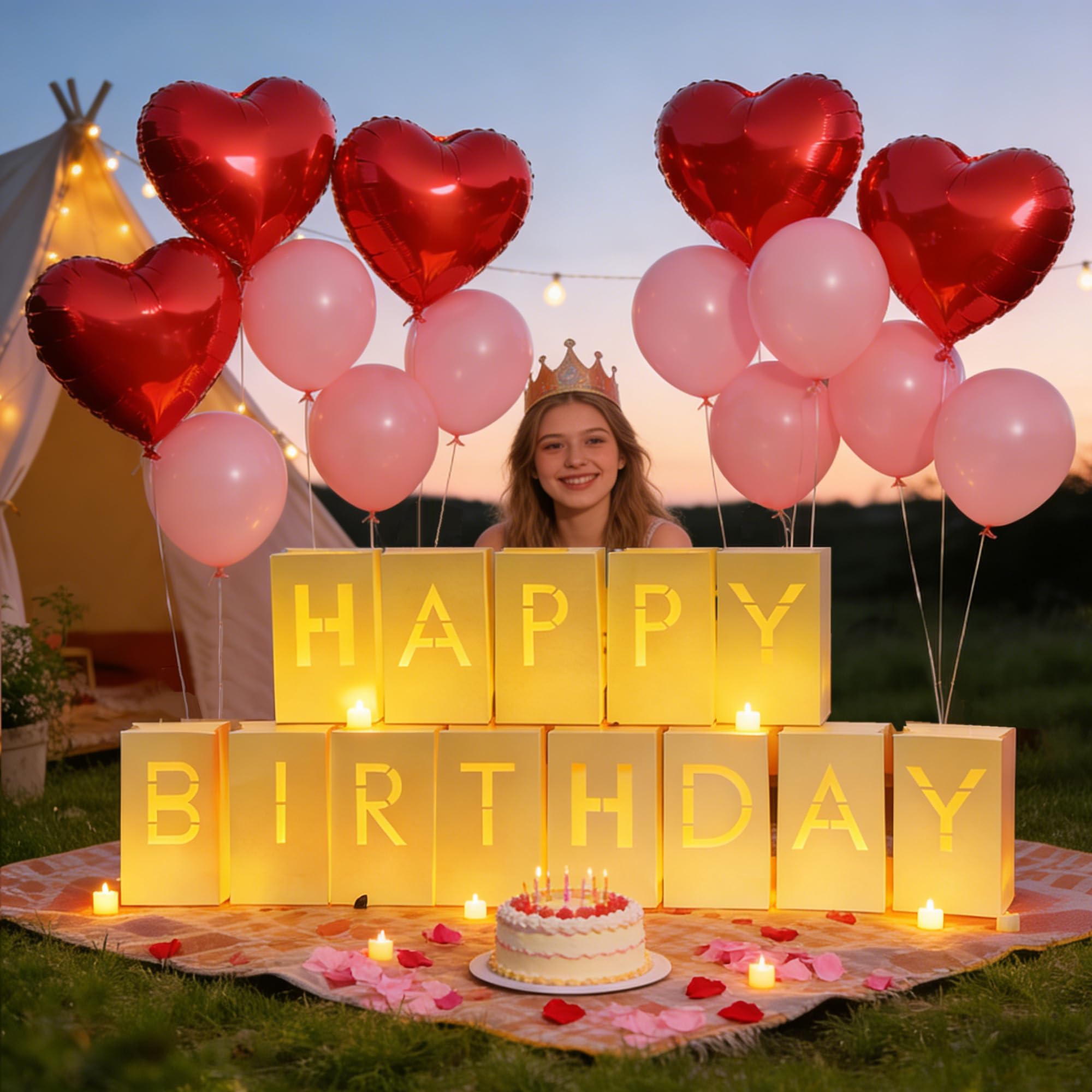 2073 piezas de decoraciones de feliz cumpleaños con letras iluminadas, velas de té, pétalos de rosa, globos de látex, globos de aluminio, bolsas luminosas, pancarta de fiesta, regalo sorpresa de