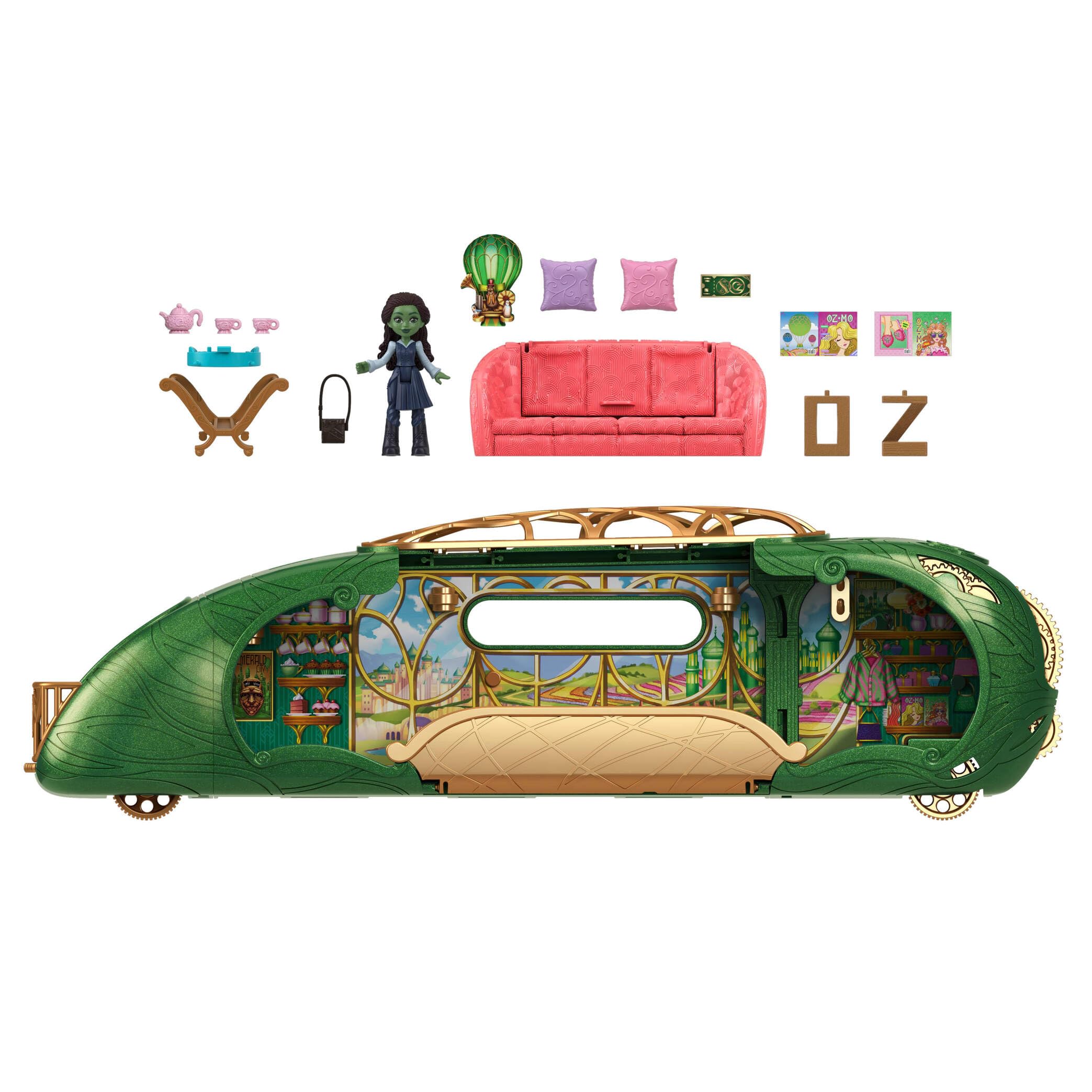 Mattel Universal Pictures Wicked Tren a Ciudad Esmeralda, Conjunto de Juego con muñeca pequeña de Elphaba, 3 Espacios de Juego y 14 Accesorios inspirados en la película, JKM07 | Elphaba muñeca pequeña, 3 zonas de juego y 14 accesorios, inspirada en la pel