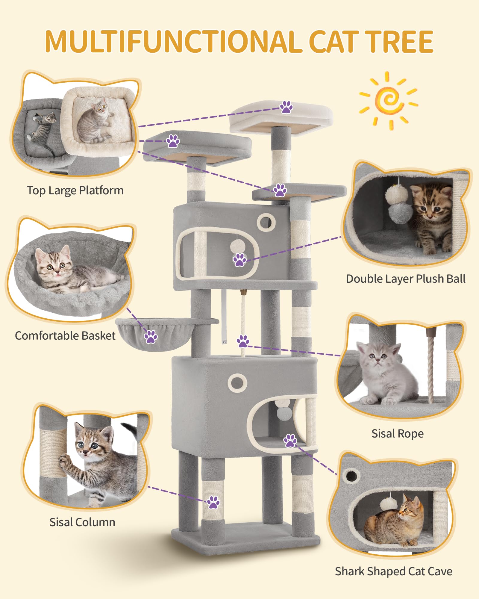 Hzuaneri 180 cm Cat Tree for Indoor Cats, Cat Tower, Multi-Level