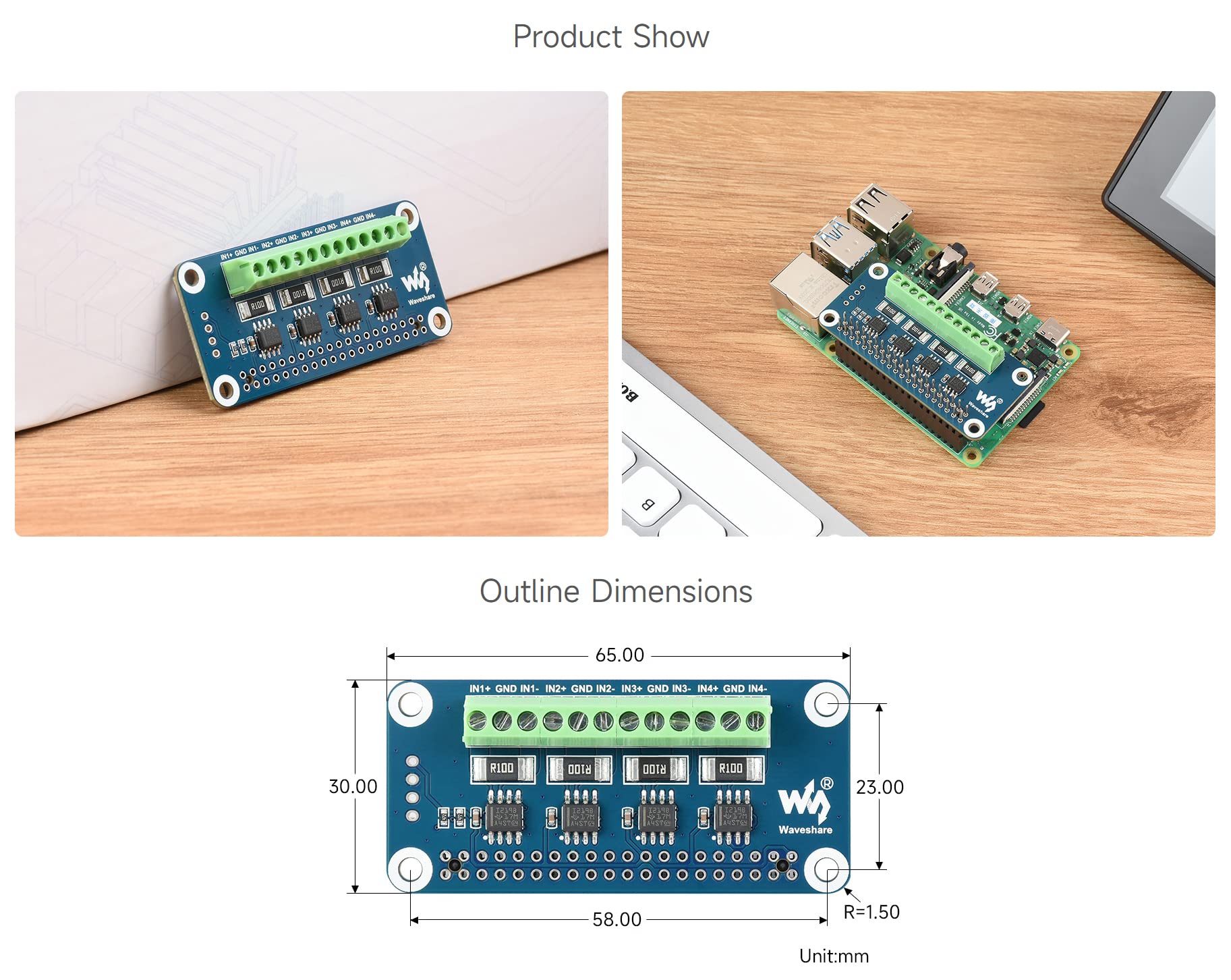 Waveshare 4-ch Current/Voltage/Power Monitor Hat for Raspberry Pi I2C/SMBus Interface
