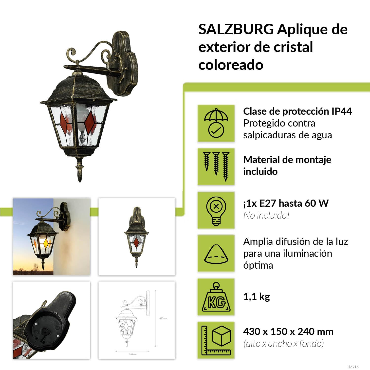 Licht-Erlebnisse Lámpara de pared exterior clásica de aluminio dorado Aplique Farol de cristal antiguo Estilo Tiffany E27 Iluminación exterior Jardín Balcón