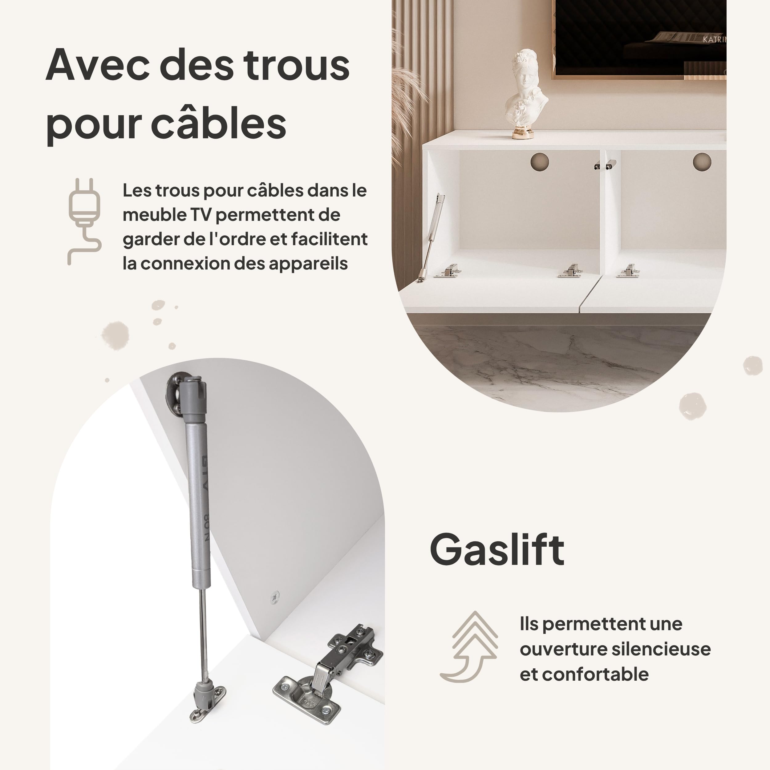 200 cm Meuble TV Suspendu 200 cm avec Rangement et LED - Meuble TV Mural avec 4 Compartiments Spacieux