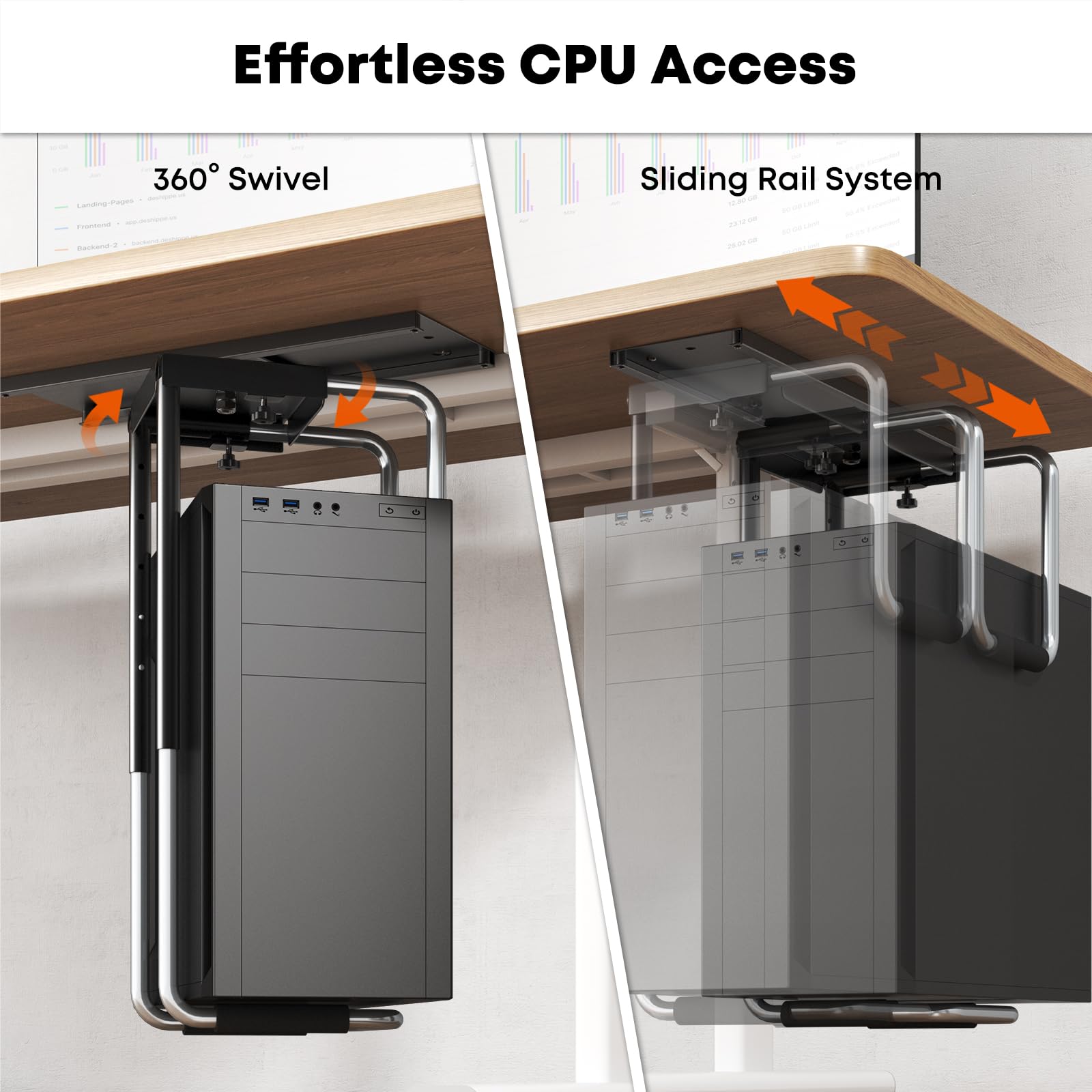 Support PC sous Bureau Réglable avec Rail Coulissant,Rotation à 360° Support Boîtier d'Ordinateur avec Coussin De Protection,Excellente Circulation De l'Air,Charge Maximale 30kg