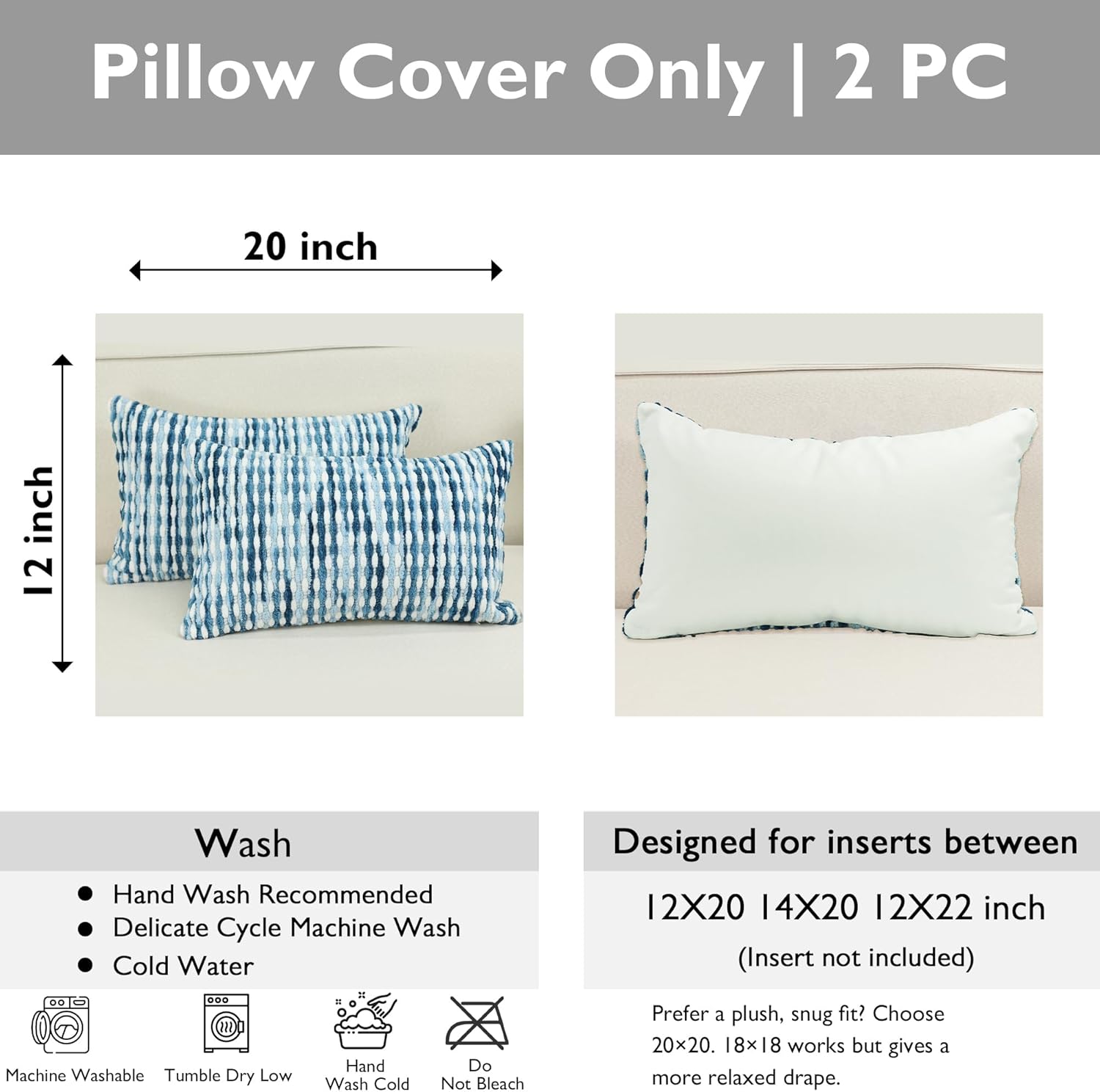 Boho Chenille Striped Pillow Cover 12x20 Inch, Decorative Lumbar Pillow Cover for Couch Bed Sofa Living Room Bedroom Farmhouse Modern Home Decor Accent Pillowcases Set of 2, Blue White