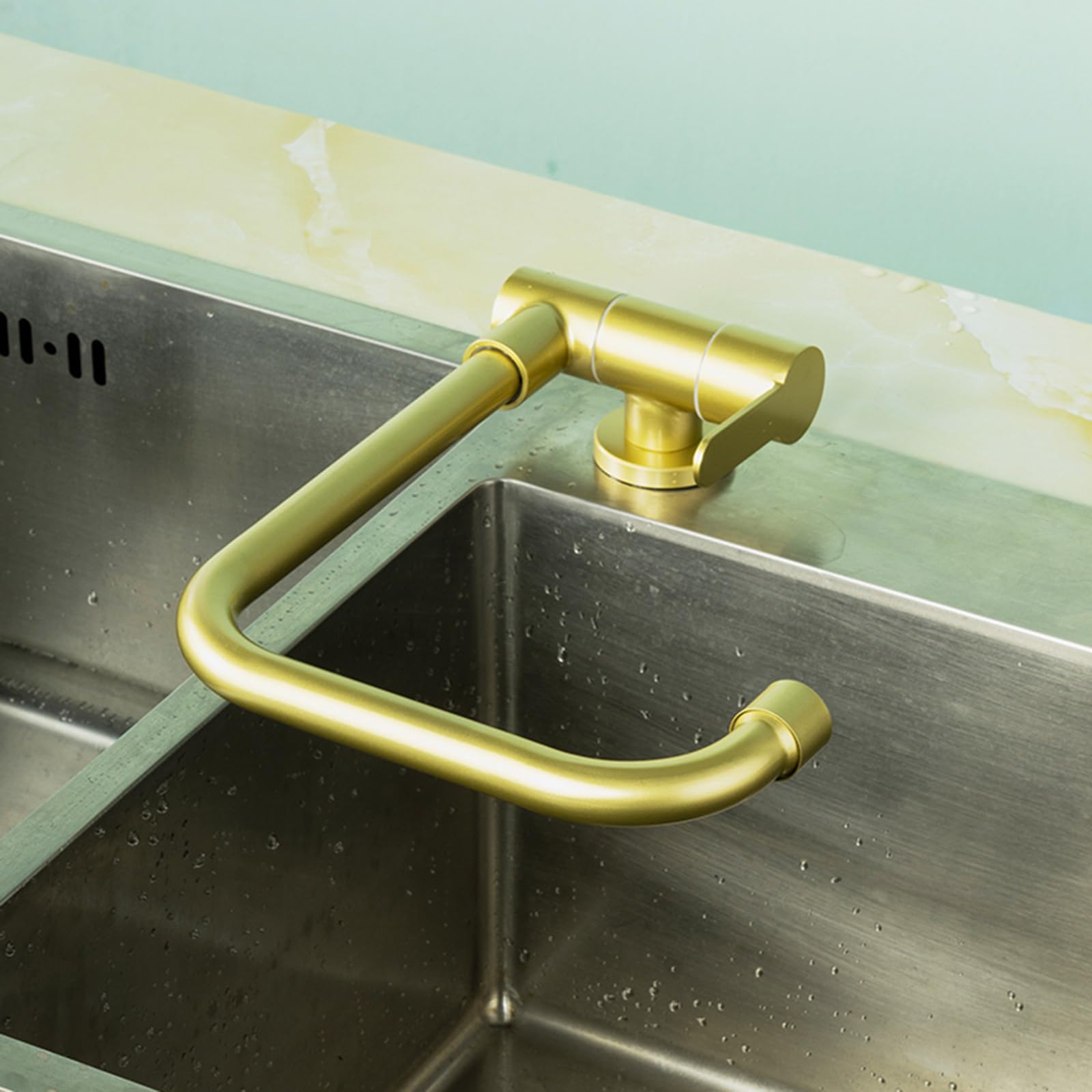 ZQFHSX Brushed Gold Kitchen Faucet Folding Inside Window Single Cold Water Stainless Steel 360° Rotation Sink Mixer Faucets Folding-Brushed