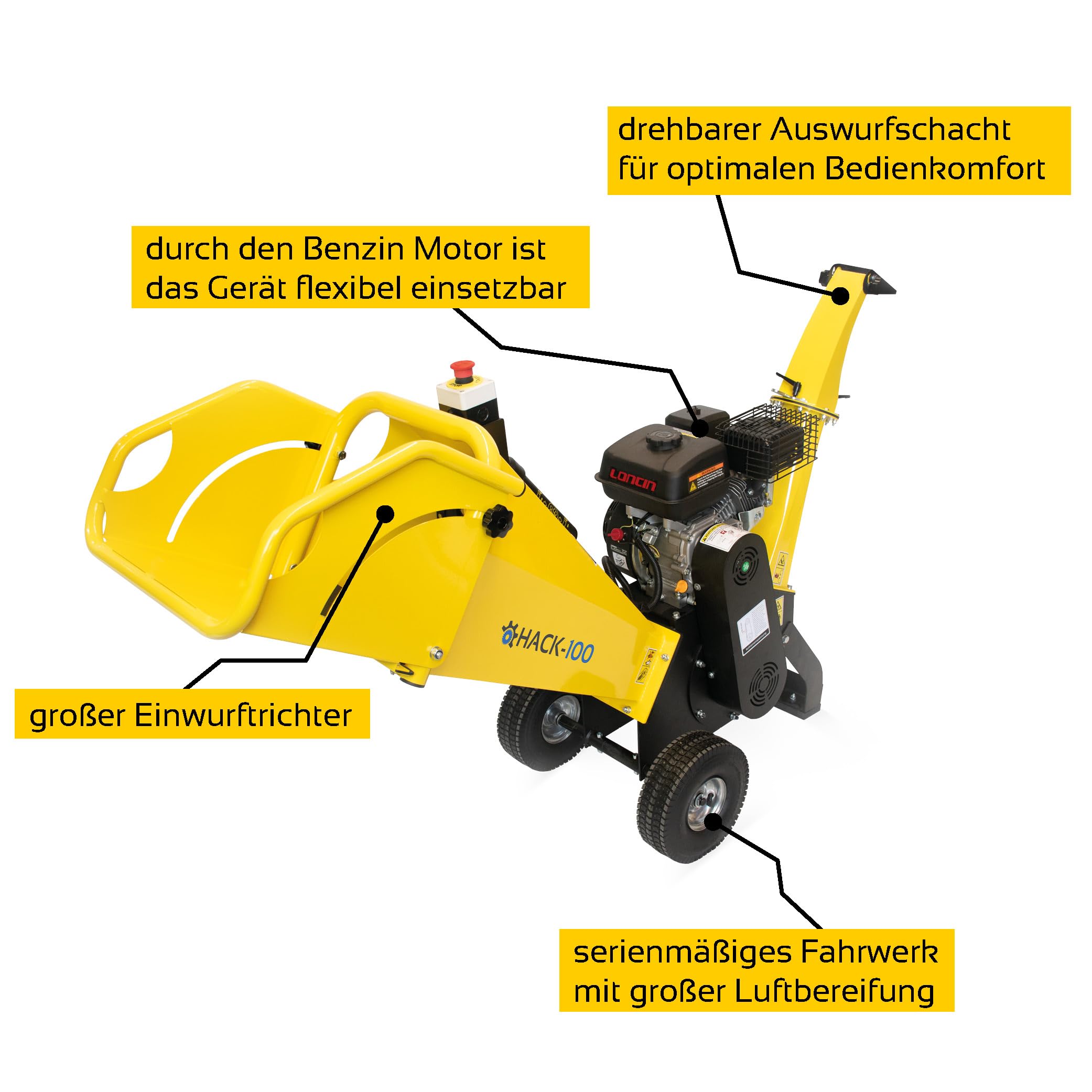 BAMATO Holzhäcksler HACK-100 | inklusive Schutzbrille und Gehörschutz | max. 100 mm Aststärke | 2400 min-1 Messerdrehzahl | 4,1 kW Motorleistung | Holzhäcksler Gartenhäcksler