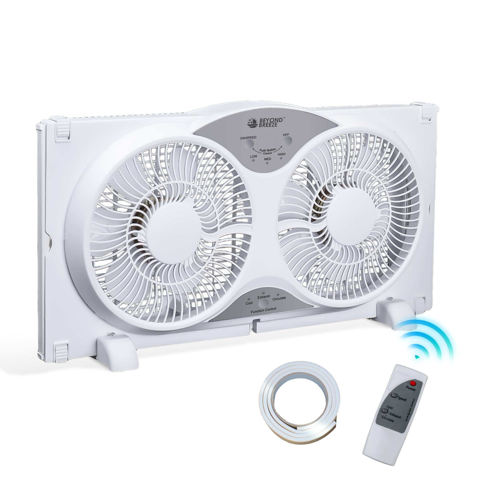 BEYOND BREEZE 9" Blades Twin Window Fan, 3-Speed 3-Function Expandable Dual Window Fan with Reversible Airflow Blades and Remote Control for Kitchen, Home, Bathroom, Width Adjustable