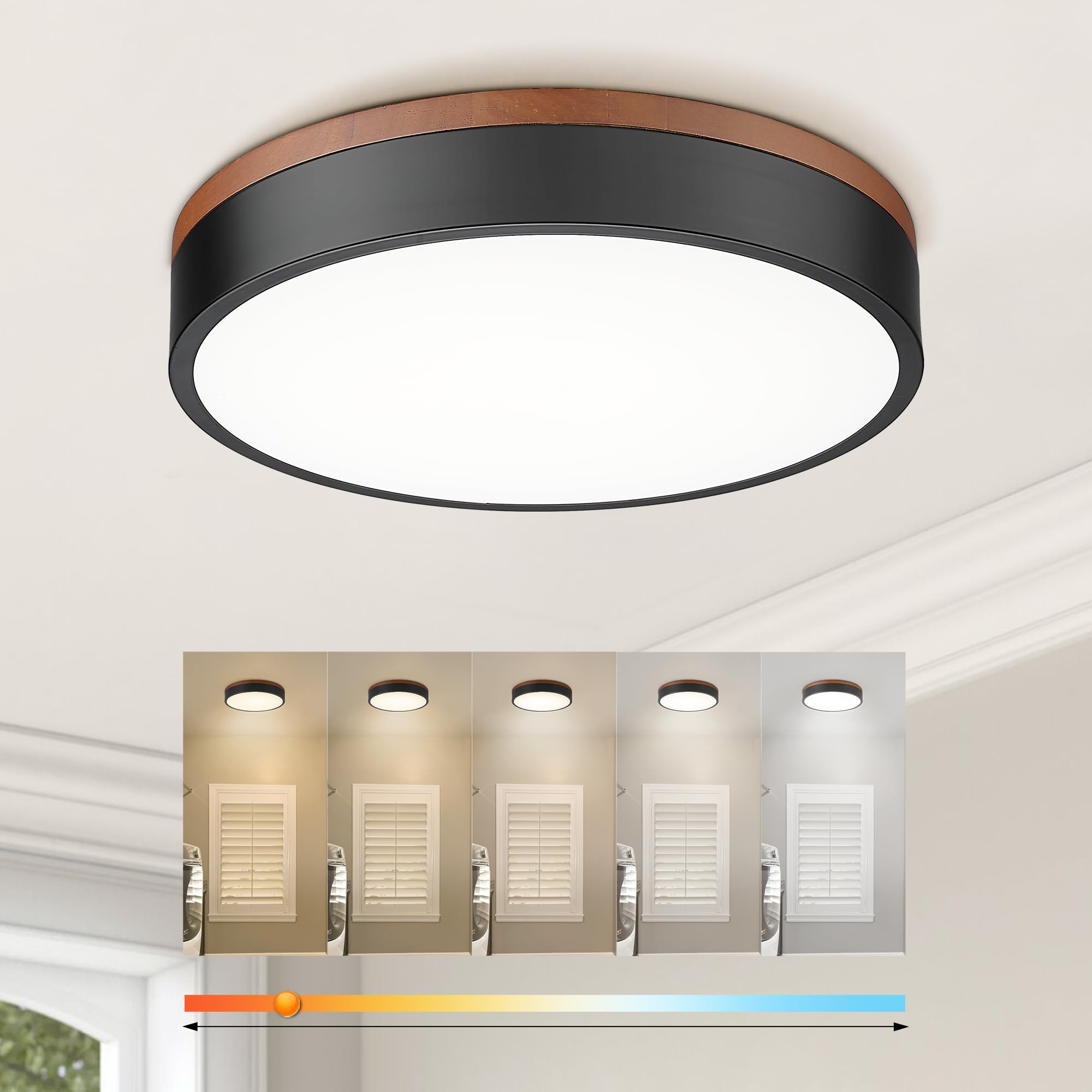 Ken & Ricky 12 Inch LED Ceiling Light, Modern Ceiling Light Fixtures, 24W 3000K-6500K Light Color Adjustable Flush Mount Ceiling Light, Matte Black Finish with Walnut Wood, KR3352-1PK