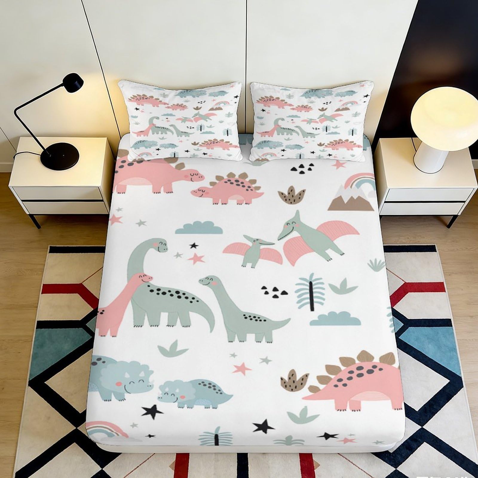3D Printed Dinosaur Cartoon Fitted Sheet Microfiber Soft Breathable Forest Animal Mattress Cover for Bedroom Guest Room Decor 90x200x25cm