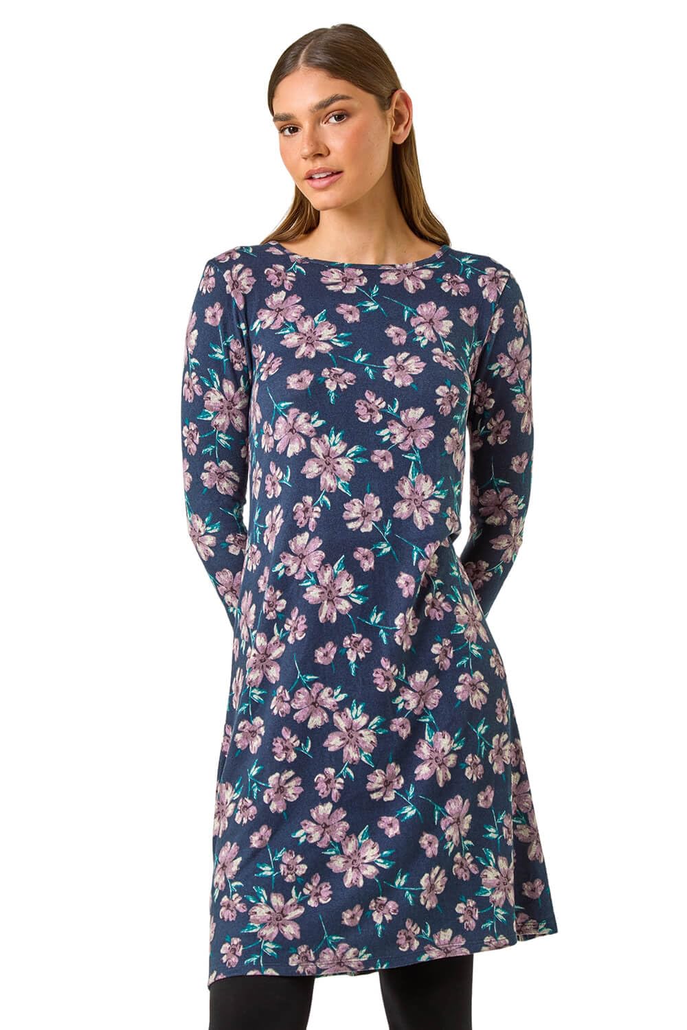 Roman Originals Tunic Dress with Pockets for Women UK Ladies Swing Fit & Flare Skater Slouch Stretchy Casual Smart Winter Jersey Pull On Work Office 3/4 Long Sleeves - Navy & Pink - Size 12