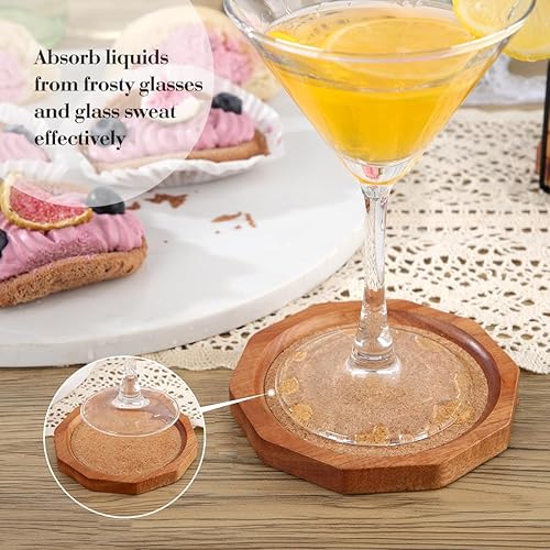 Miniatura 7 de Posavasos de madera de corcho para bebidas absorbentes con soporte, 4.33 pulgadas, forma decagonal de madera de acacia, juego de posavasos para