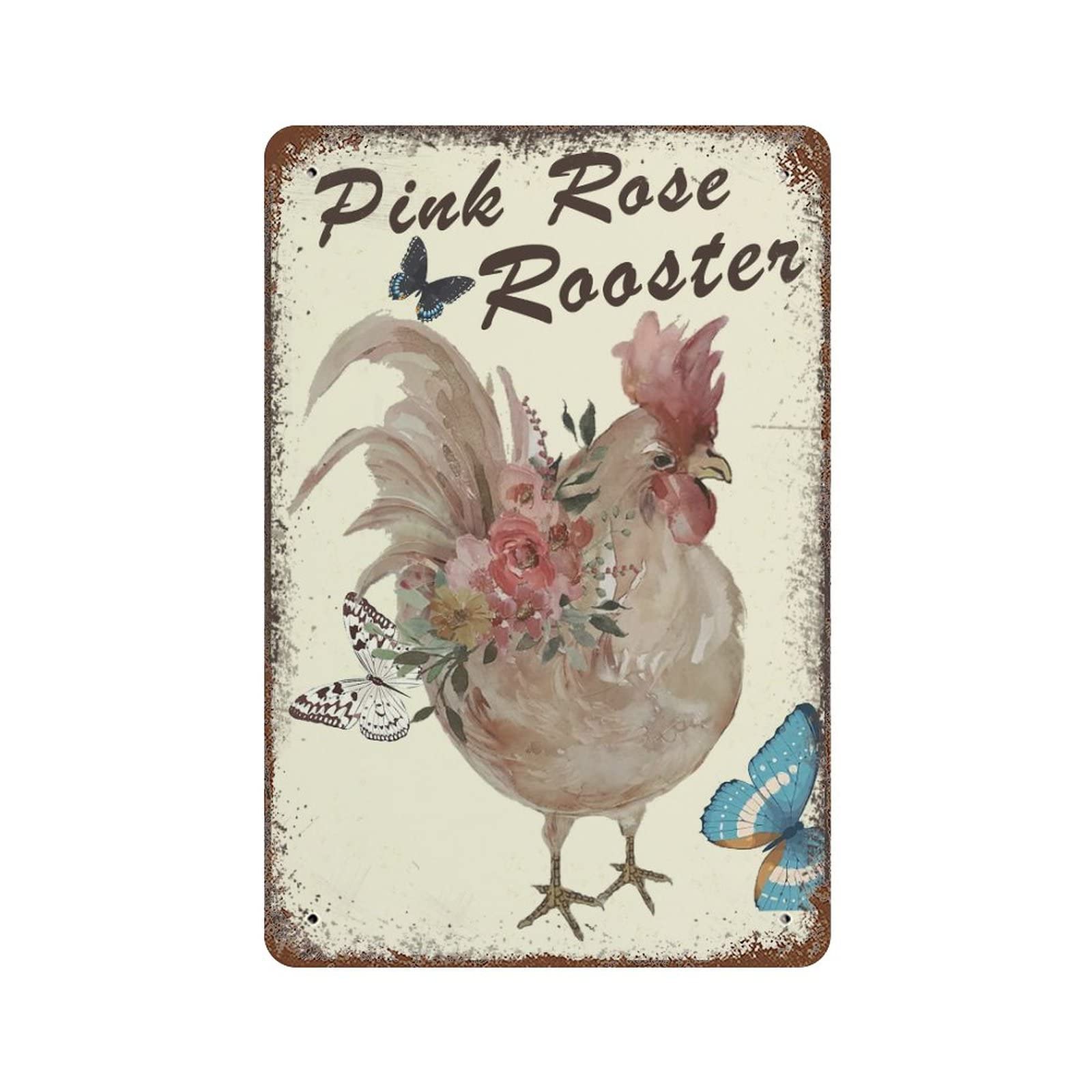 peiyeety Vintage Pink Rose Rooster Butterfly Country Cottage Chicken Coop Farm Cafe Great S Poster Metal Aluminium Tin Sign Wall Decor 8"x12"