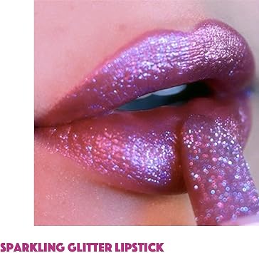 Rose Pink Glitter Lipstick, Highly Pigmented Shimmering Diamond Sparkly Red Lip Stick, Smooth Non-Sticky Longlasting Full-Coverage Lip Colour, Lip Makeup Gift for Women